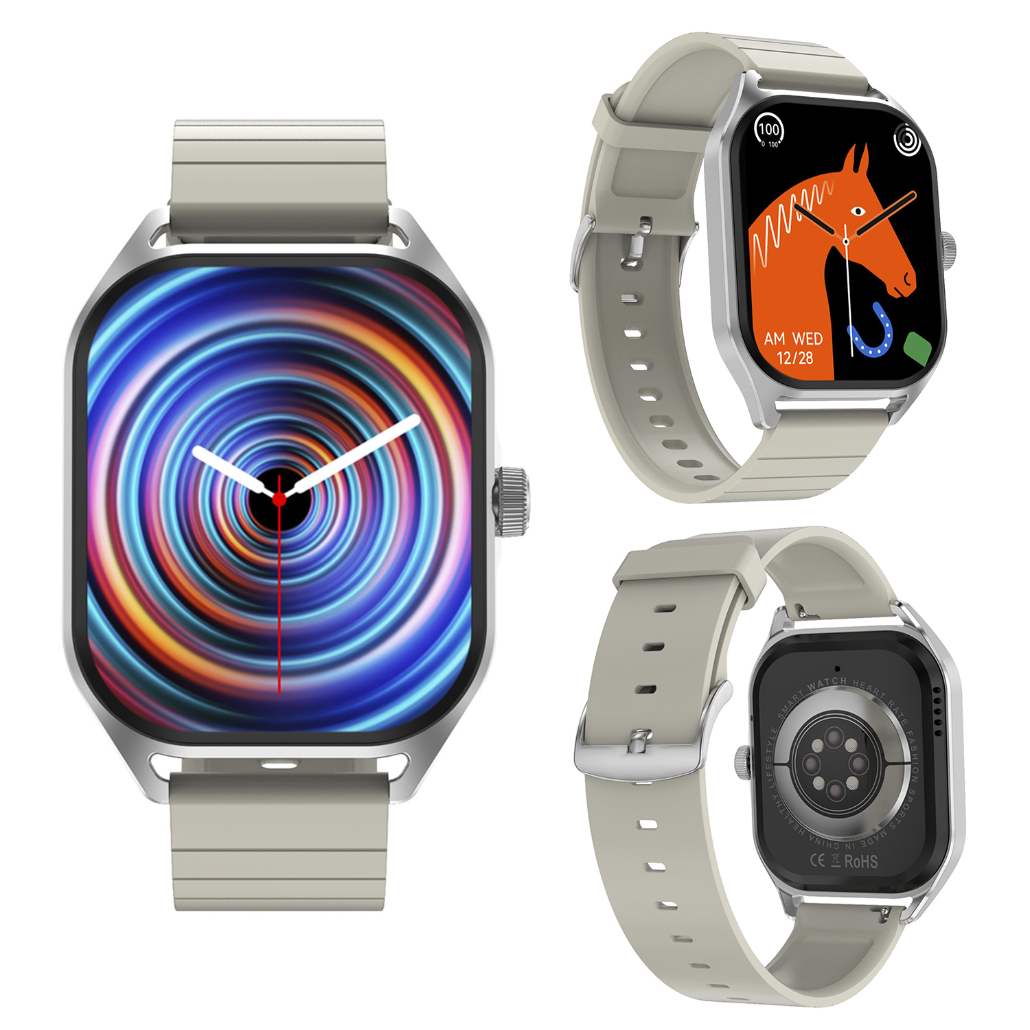 Tre viste di uno smartwatch con cassa argentata e cinturino grigio. Vari schermi.