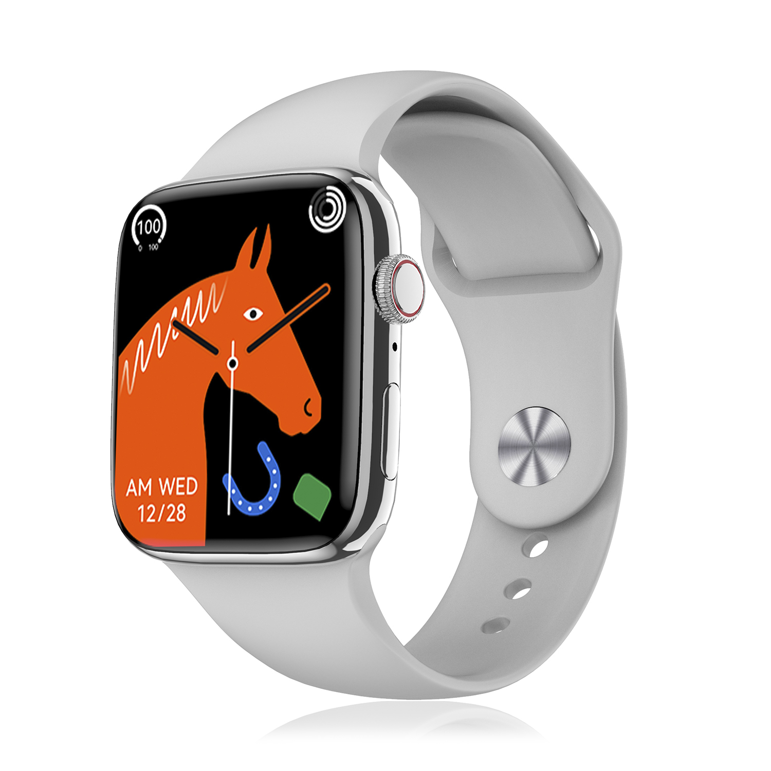 Smartwatch con schermo a cavallo, sfondo arancione e cinturino grigio chiaro.