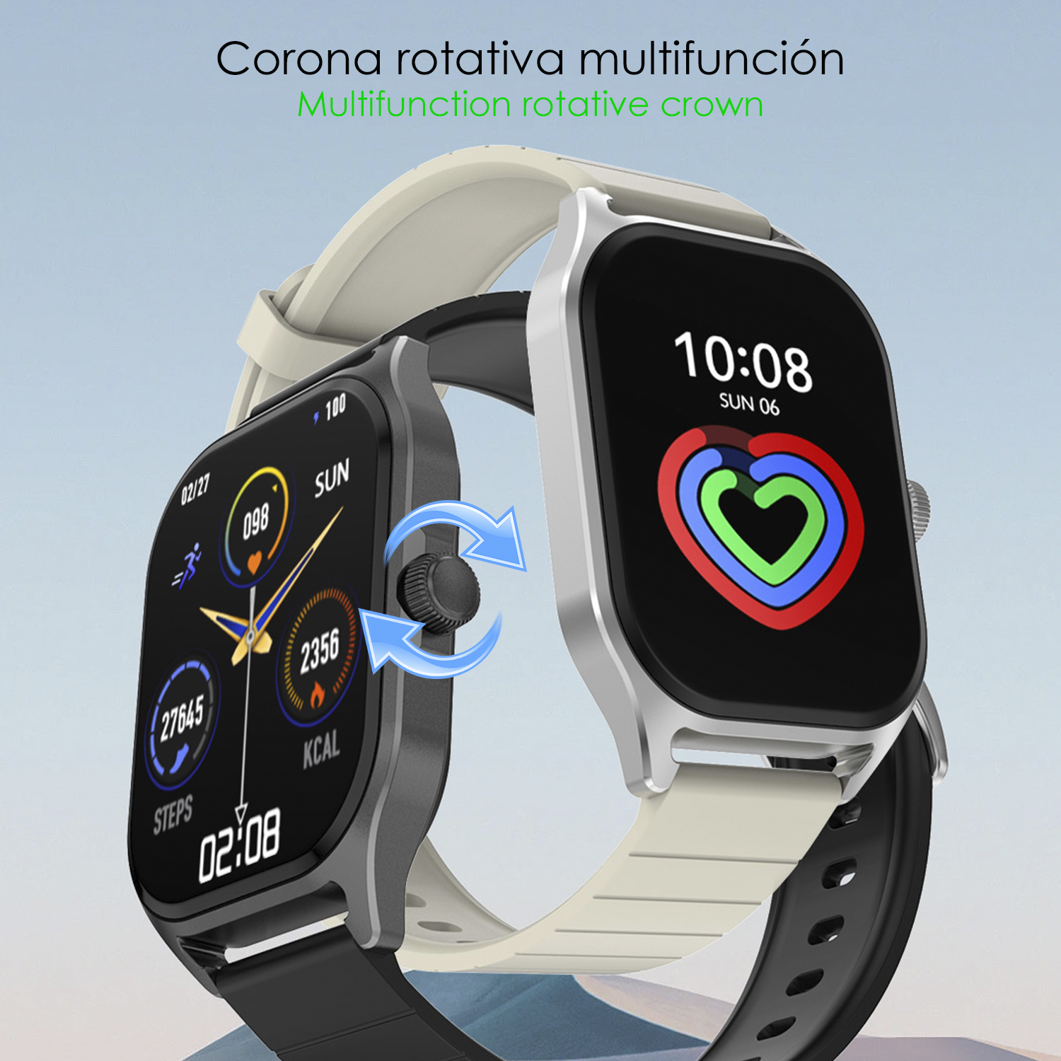 Due smartwatch. Uno mostra i passi, l'altro mostra l'ora e un'icona a forma di cuore.