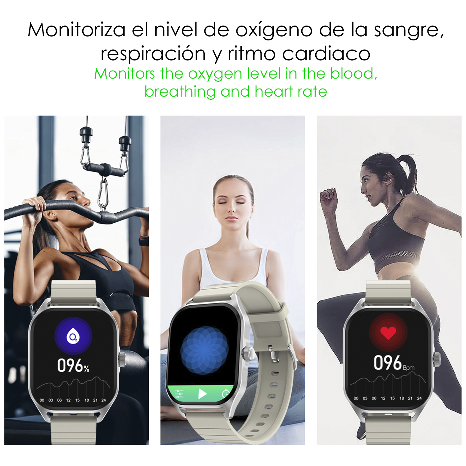 Tre display di orologi che mostrano parametri sanitari: ossigeno, meditazione e frequenza cardiaca.