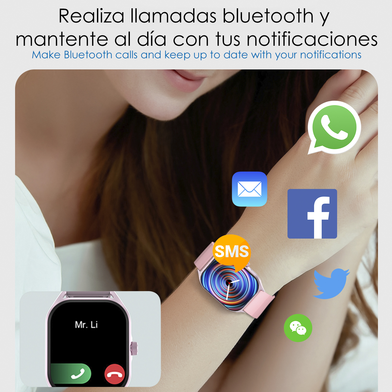 Smartwatch al polso che mostra le icone delle notifiche. Icone dei social media e delle chiamate.