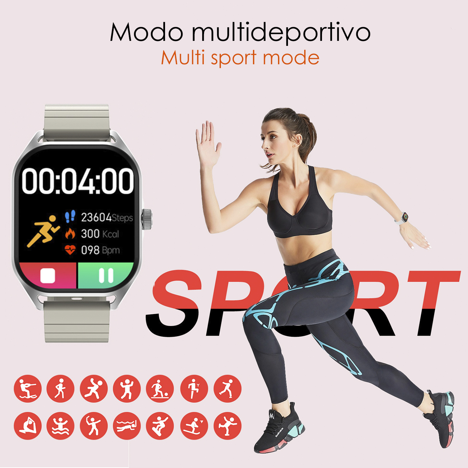 Donna che corre con uno smartwatch che mostra tempo e statistiche, e icone di sport.