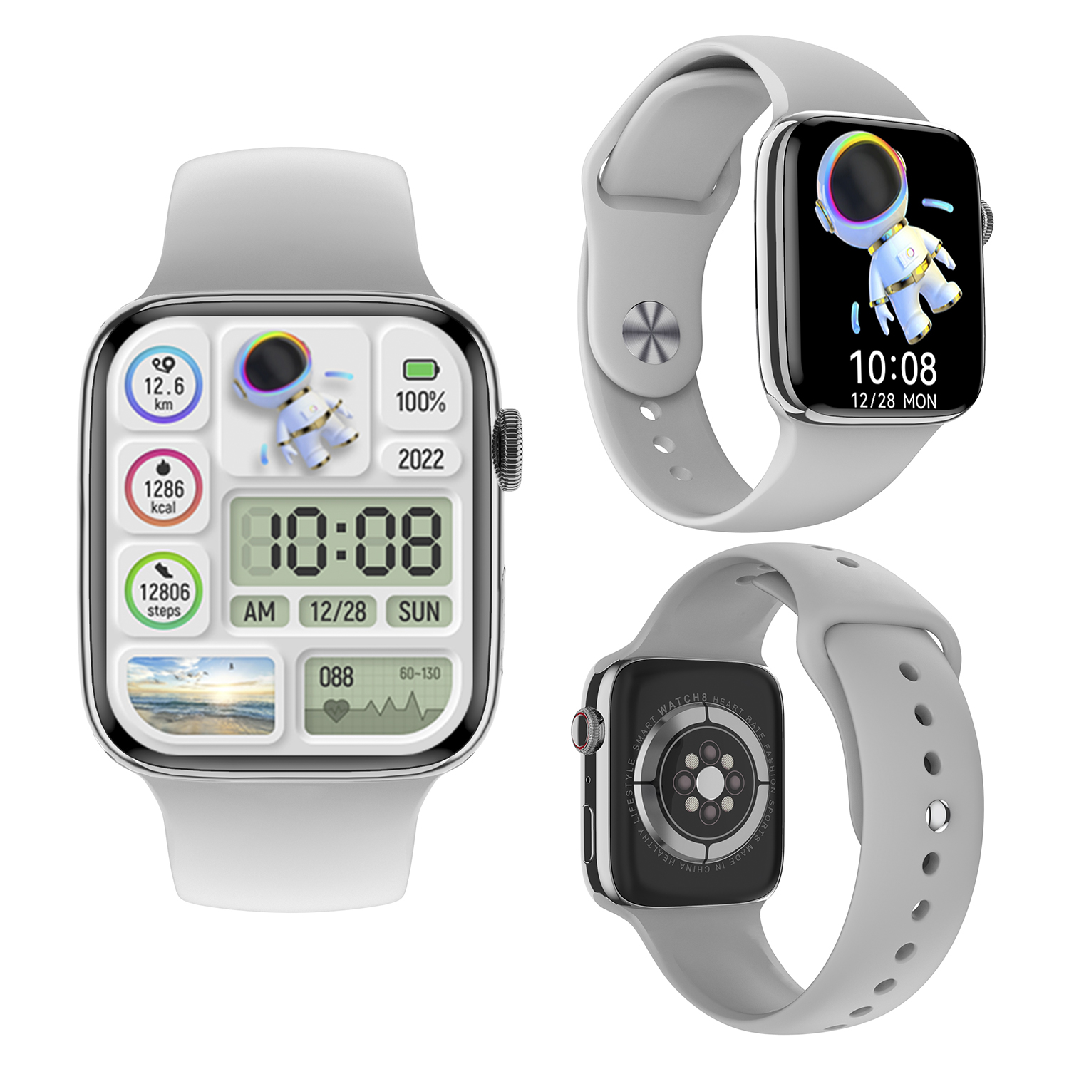 Tre viste di uno smartwatch bianco che mostra l'ora, dati fitness e un lato inferiore nero con sensori.