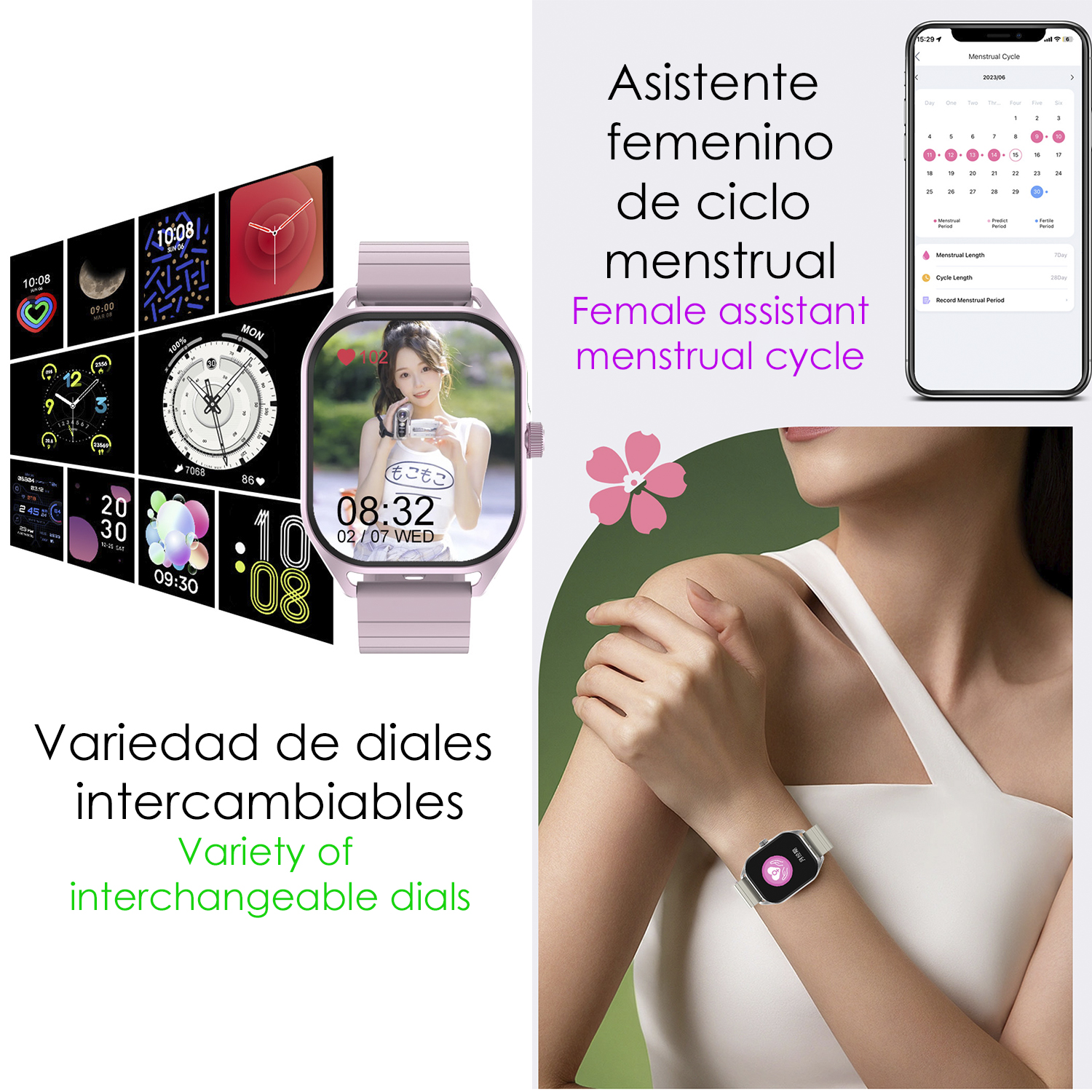 Una donna indossa uno smartwatch con quadranti intercambiabili e un'app calendario su un telefono.