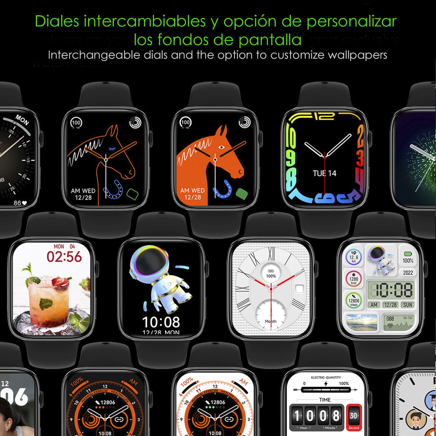 Collezione di smartwatch con vari quadranti, tra cui un cavallo e un cocktail.