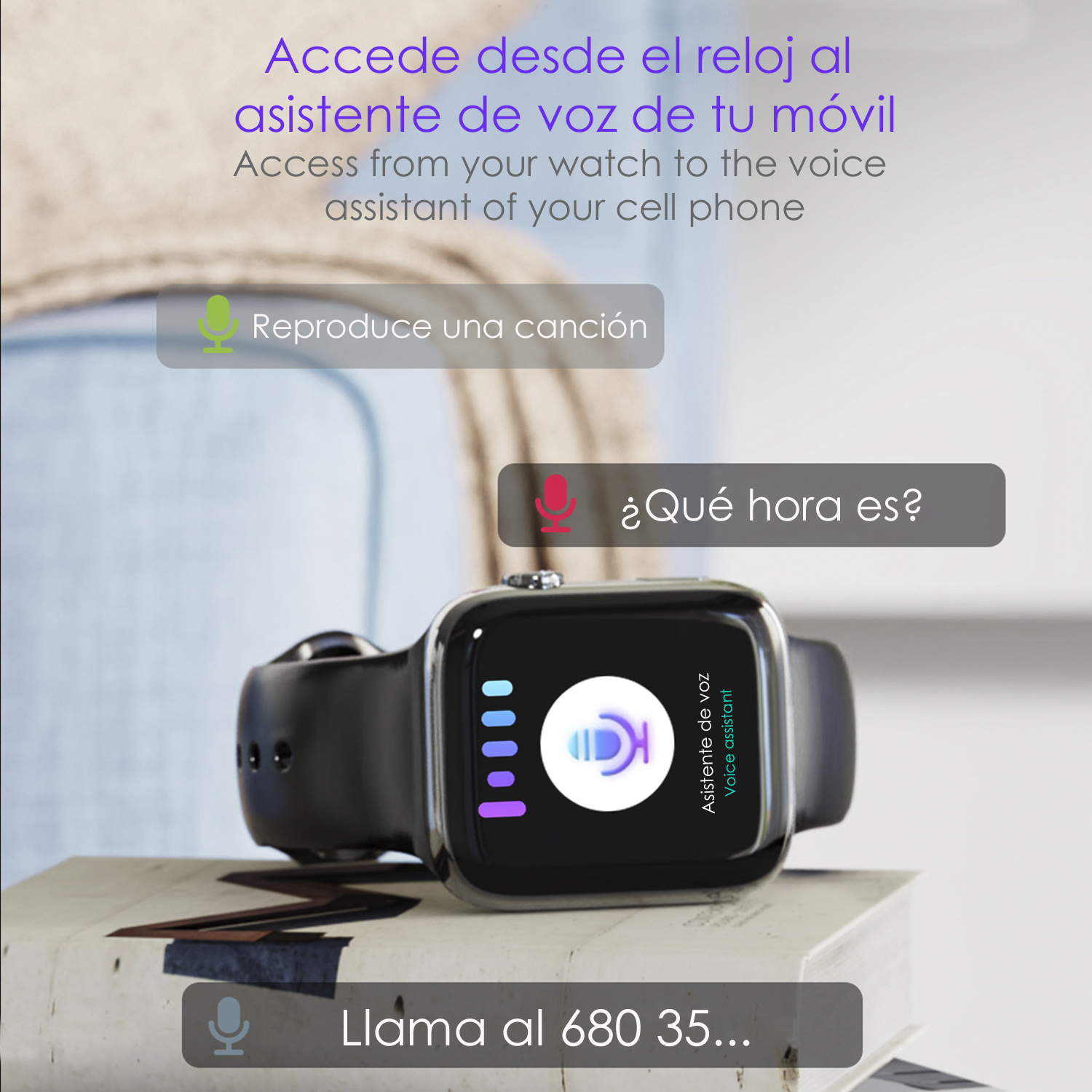 Smartwatch su un libro, mostra interfaccia assistente vocale, fumetti, cinturino nero.