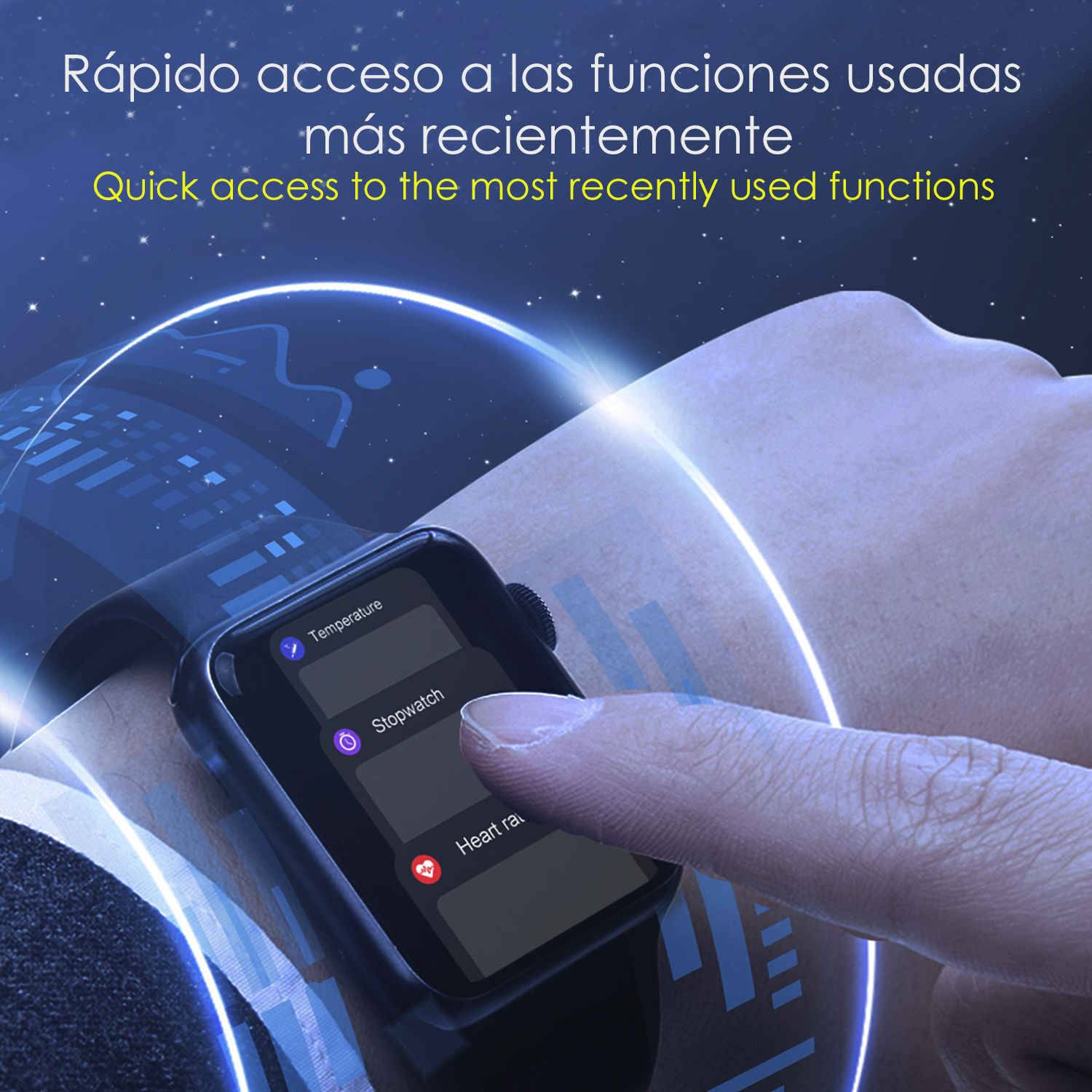 Una mano che interagisce con lo schermo di uno smartwatch, mostrando le funzioni recenti.