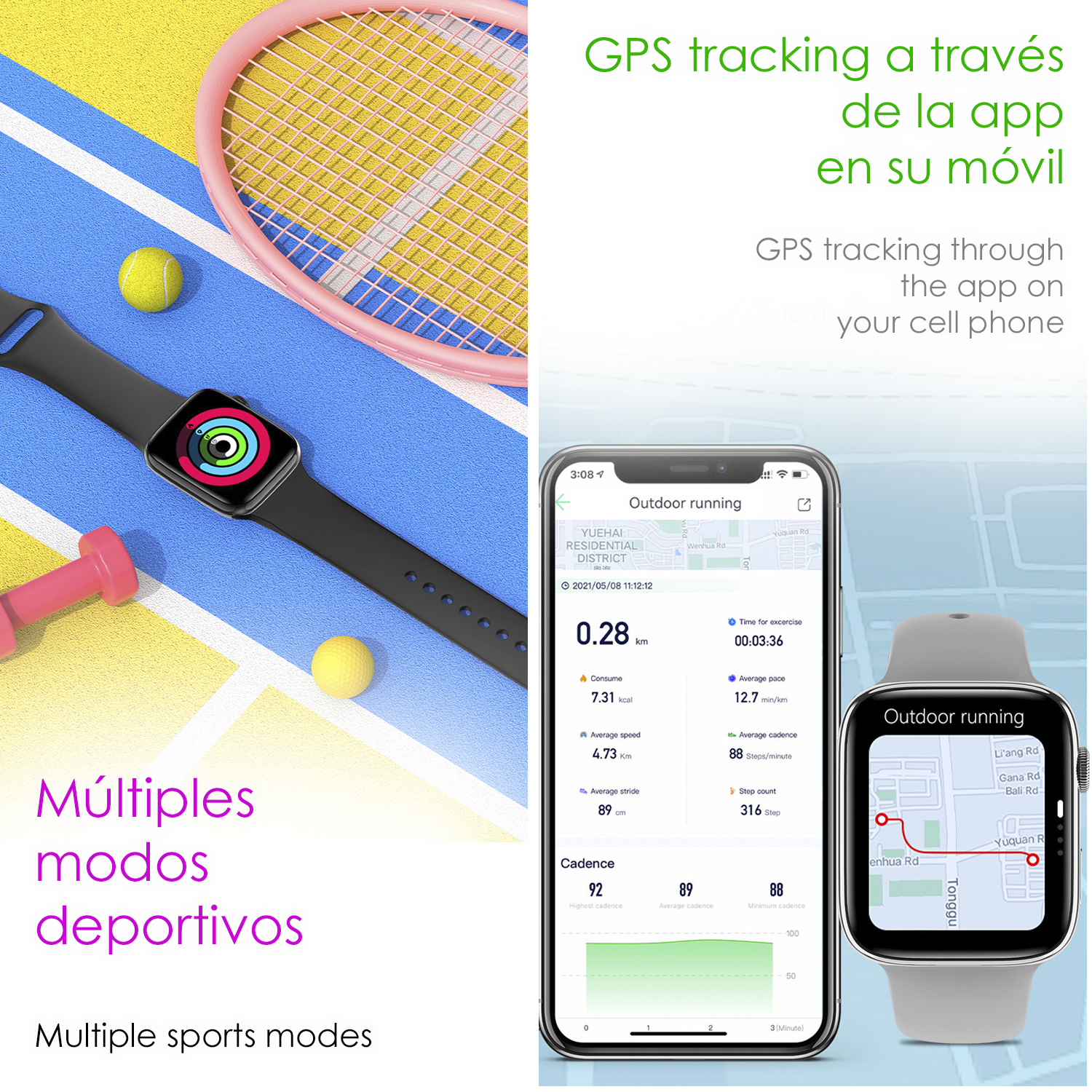 Smartwatch con modalità sport, tennis, manubrio rosa e dettagli app.