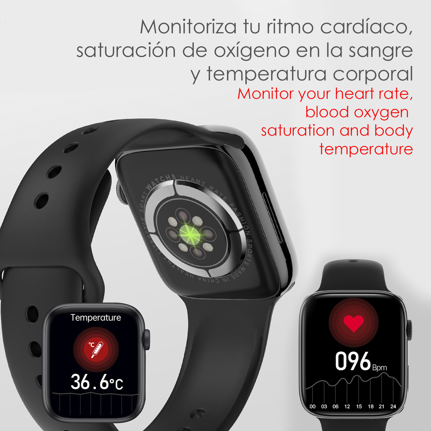 Smartwatch con rilevazioni di frequenza cardiaca e temperatura, con uno sfondo scuro.