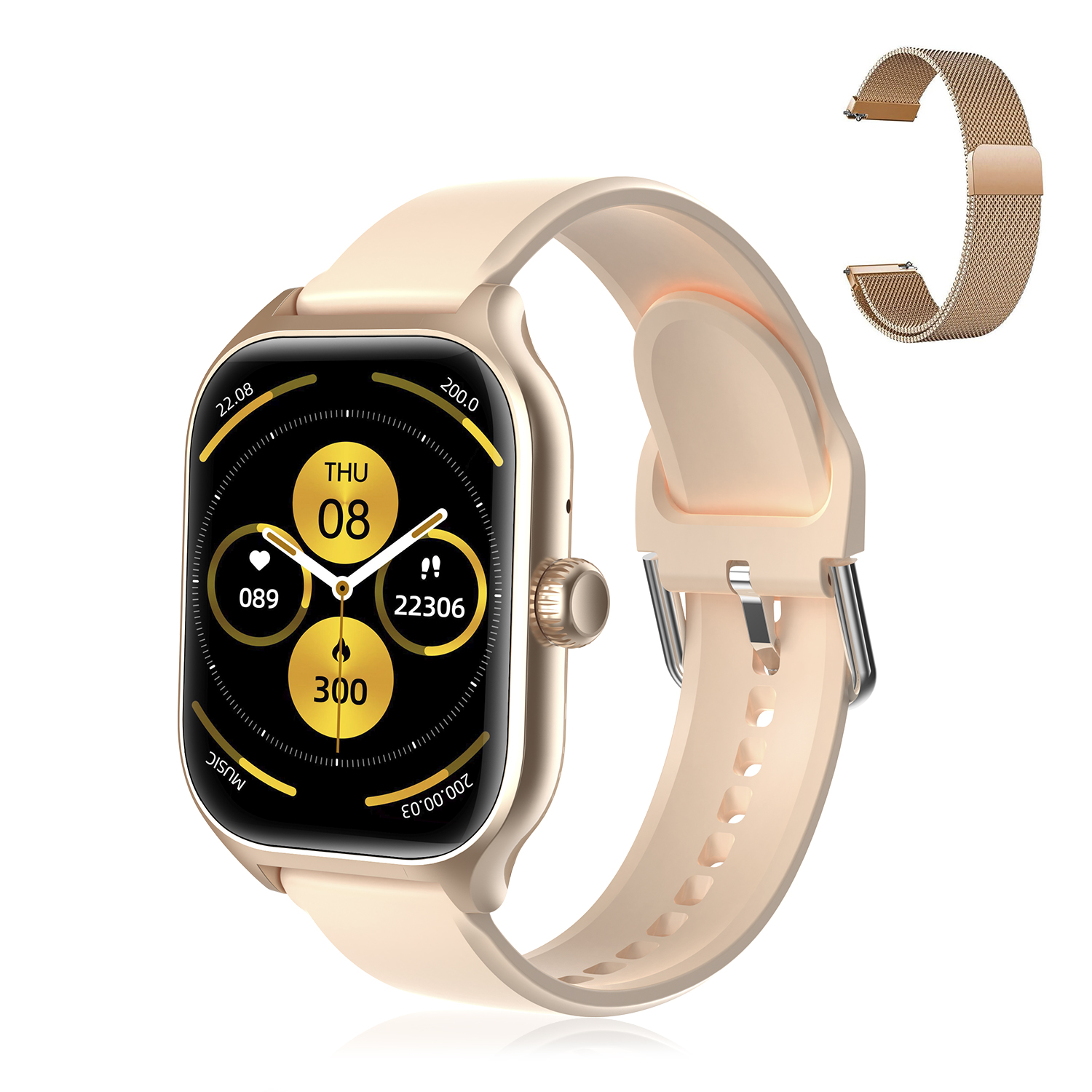 Uno smartwatch beige con cinturino oro rosa e un cinturino extra. Lo schermo mostra dati.