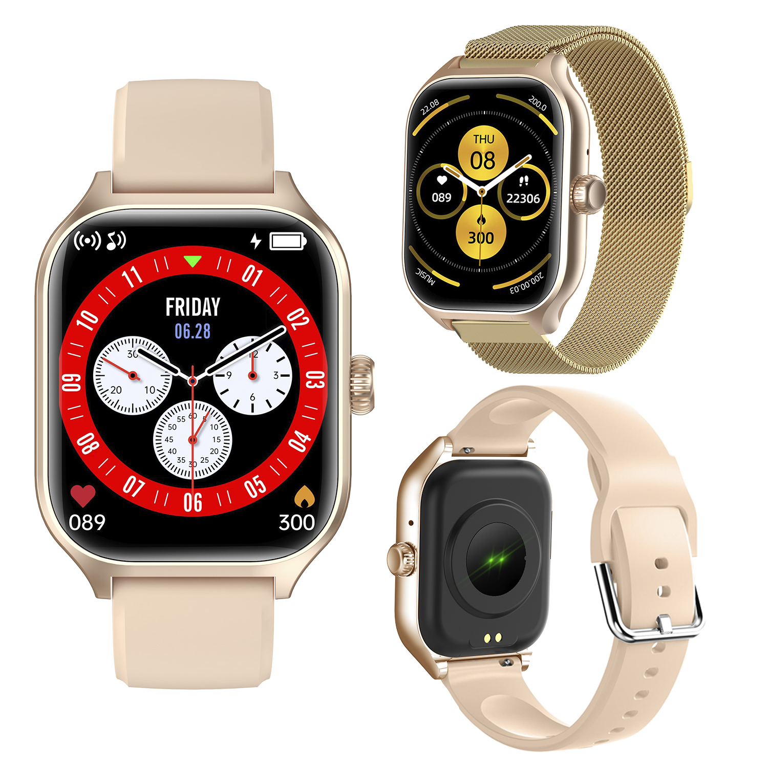 Tre smartwatch, uno con quadrante quadrato e due con quadranti rotondi, su sfondo bianco.
