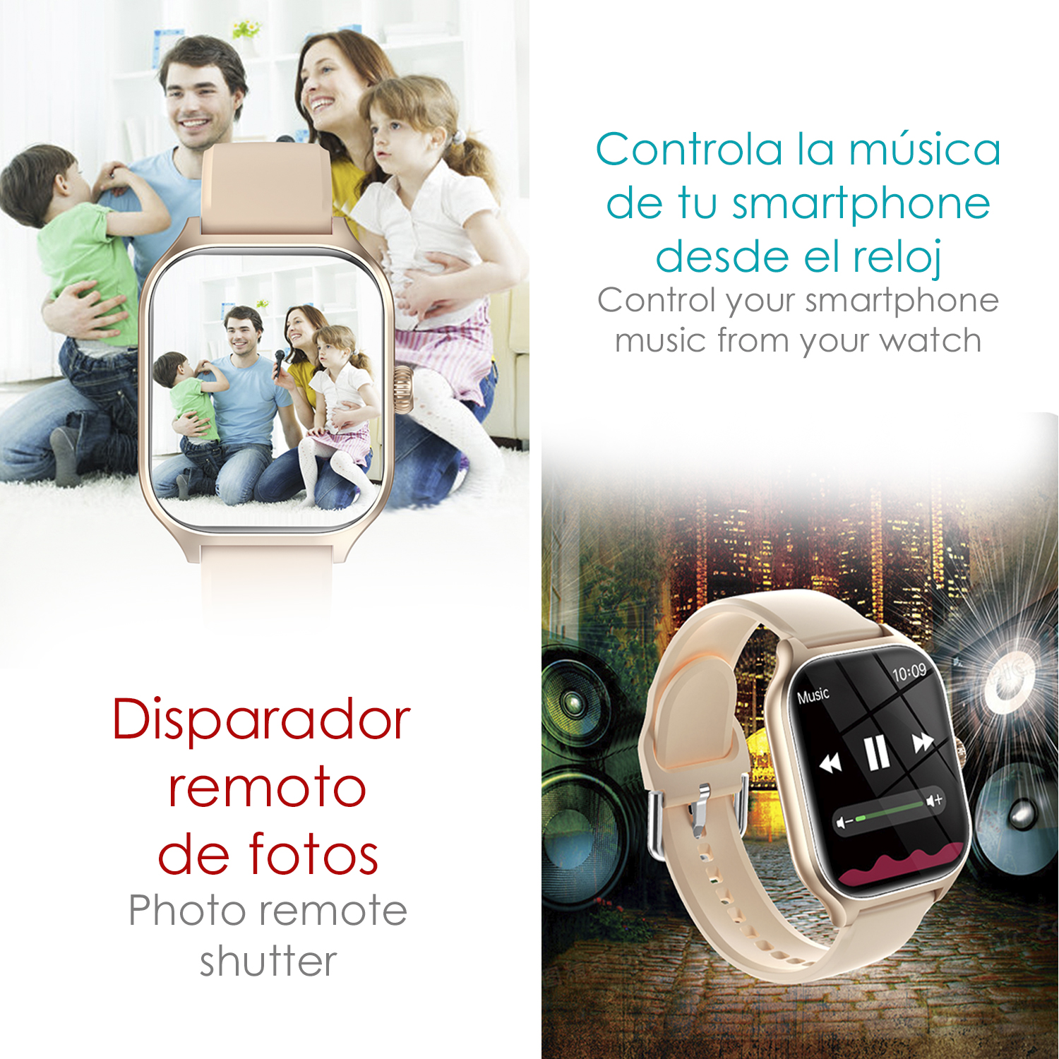 Smartwatch con famiglia, controllo musica e scatto remoto. Orologio dorato con cinturino beige.