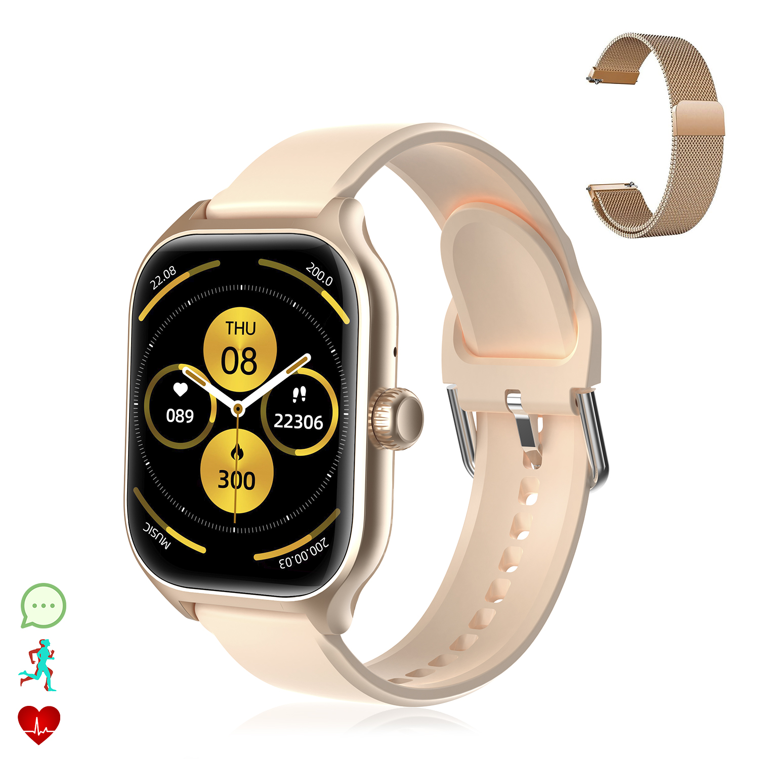 Smartwatch con display che mostra ora e dati, con cinturino di ricambio.
