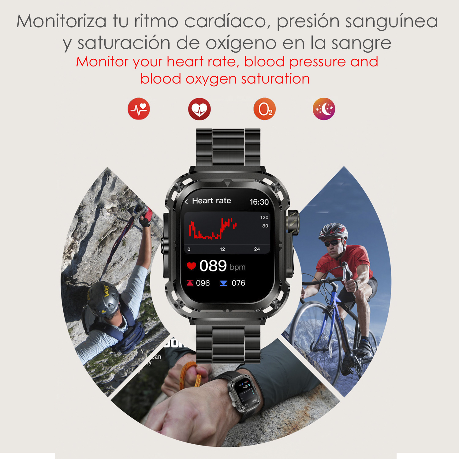 Smartwatch nero al polso. Mostra frequenza cardiaca, pressione sanguigna e saturazione ossigeno. Sfondo rosso.