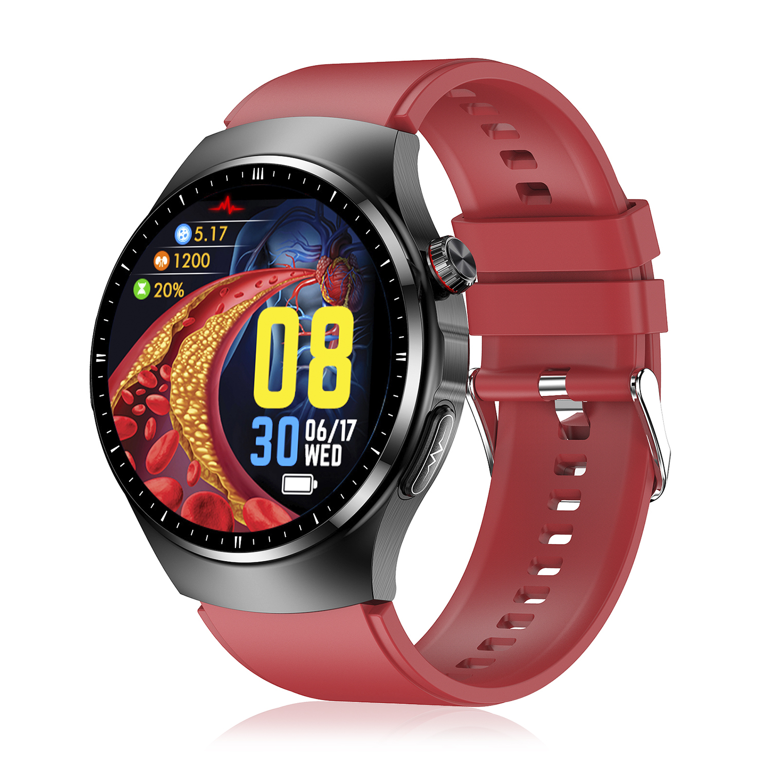 Smartwatch nero rotondo con cinturino rosso. Visualizza ora, data e dati sanitari. Sfondo bianco.