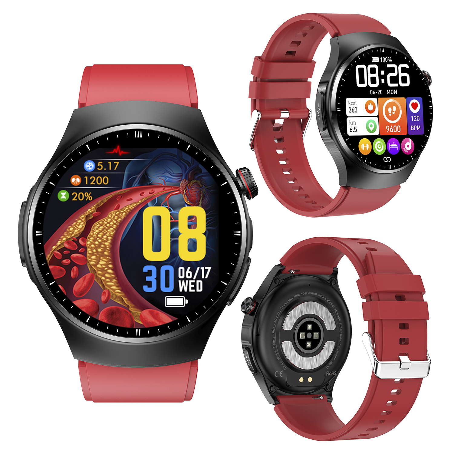 Tre smartwatch con cinturini rossi, che mostrano dati sanitari e ora.