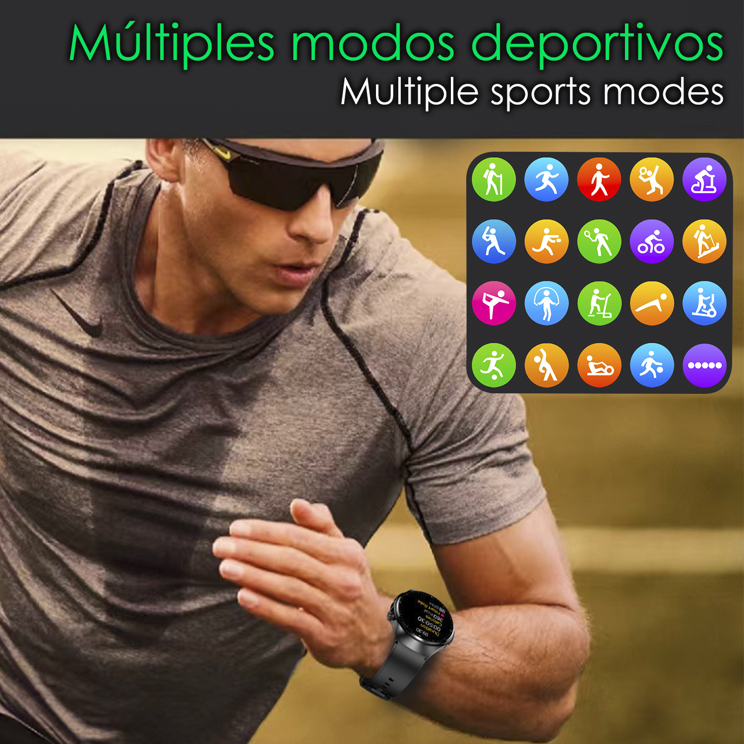 Uomo che corre con uno smartwatch che mostra varie modalità sportive.