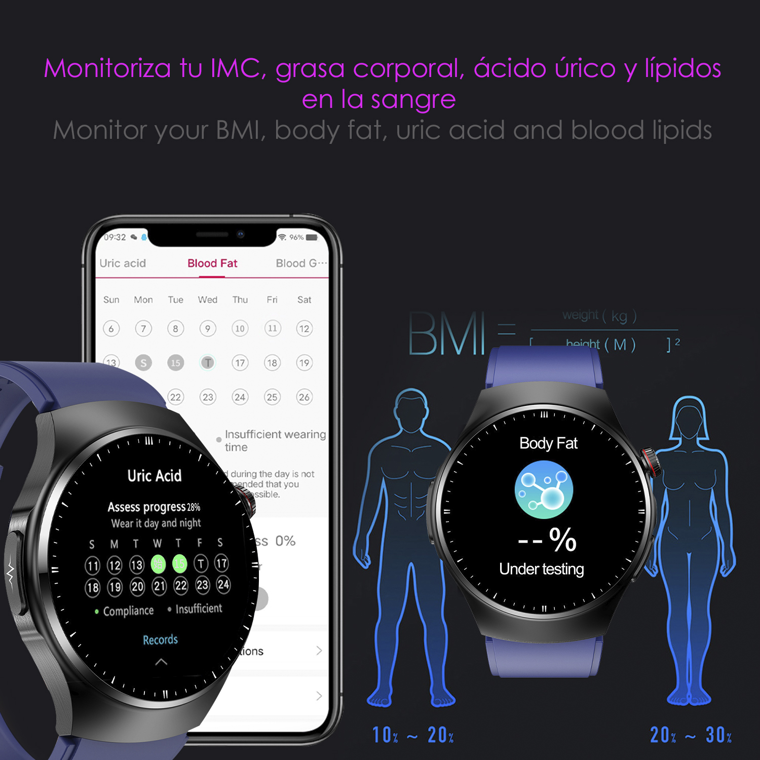 App smartwatch che mostra metriche corporee, BMI e percentuale di grasso corporeo, con smartwatch blu e nero.