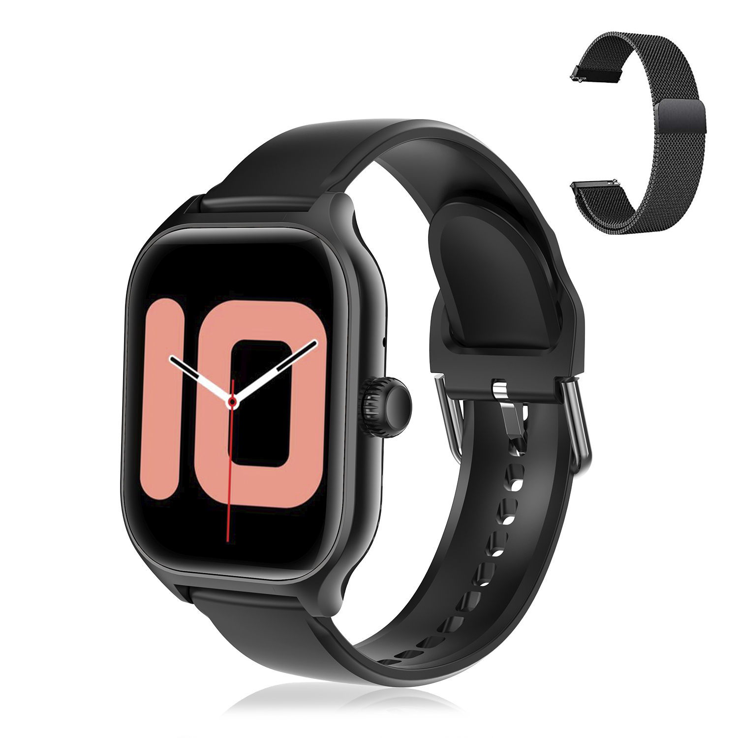 Smartwatch nero con cinturino nero e cinturino di ricambio. Visualizza l'ora in cifre grandi.