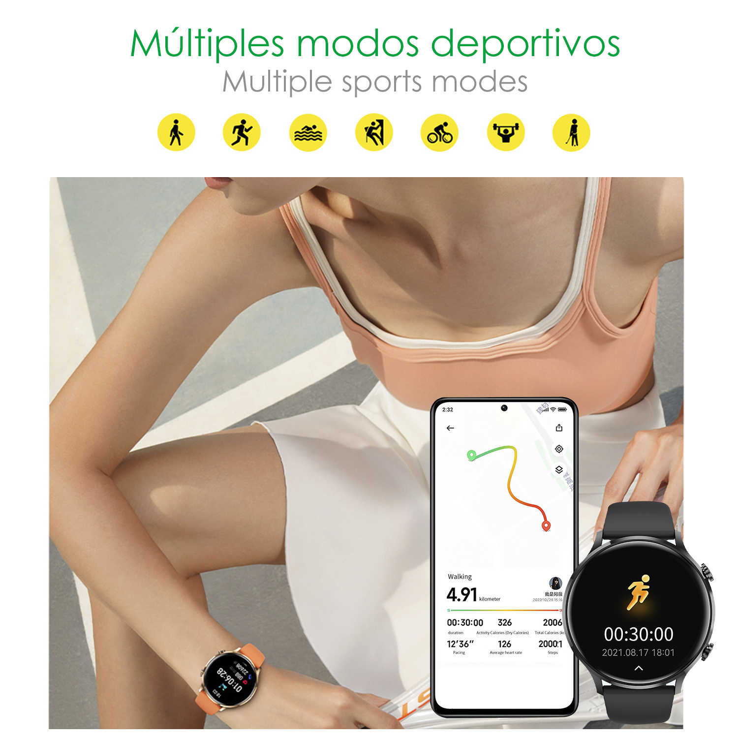 Donna con smartwatch, con icone della modalità sportiva. Lo schermo del telefono mostra i dati di camminata e l'ora.