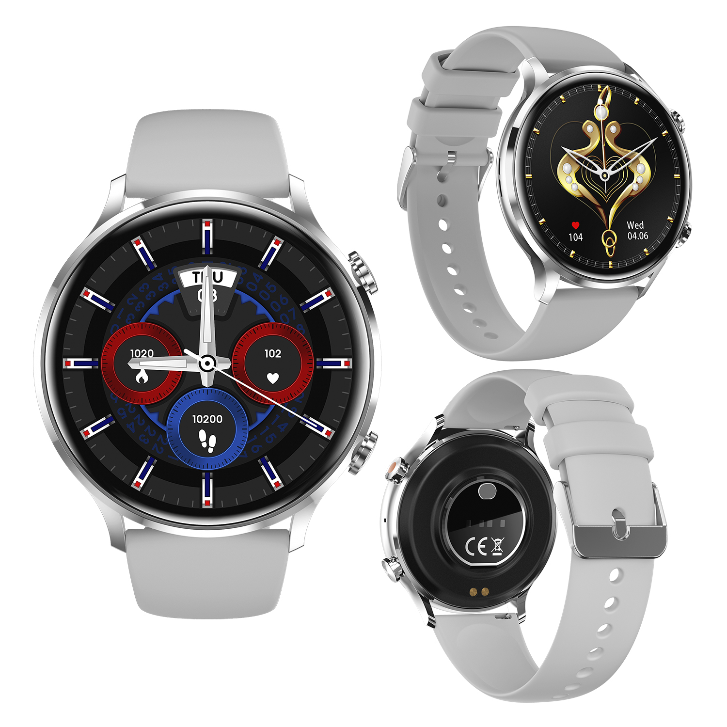 Tre immagini di uno smartwatch. L'orologio è grigio con quadrante rotondo e cinturino grigio.