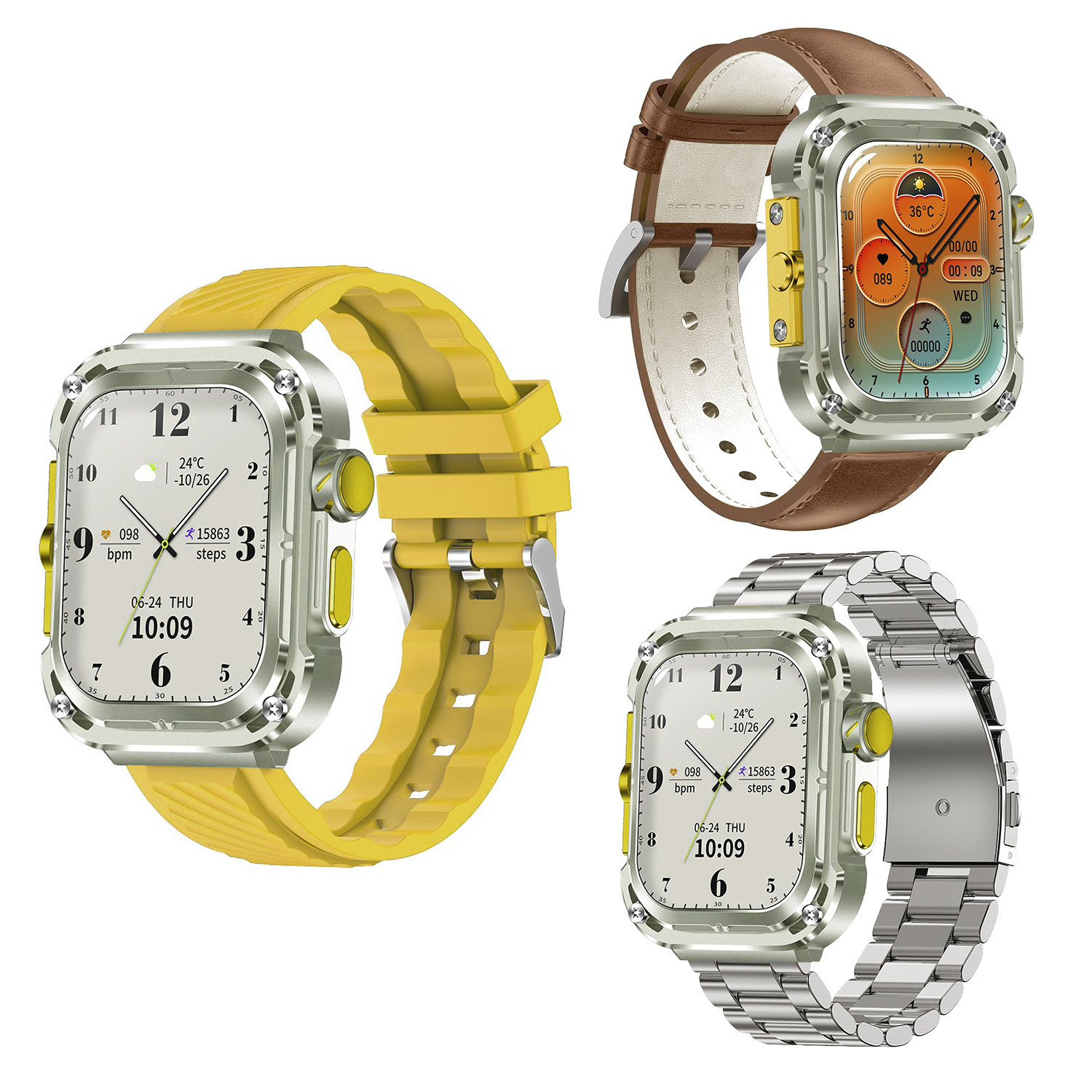 Tre smartwatch con vari cinturini. Ognuno ha un display e un design diversi.