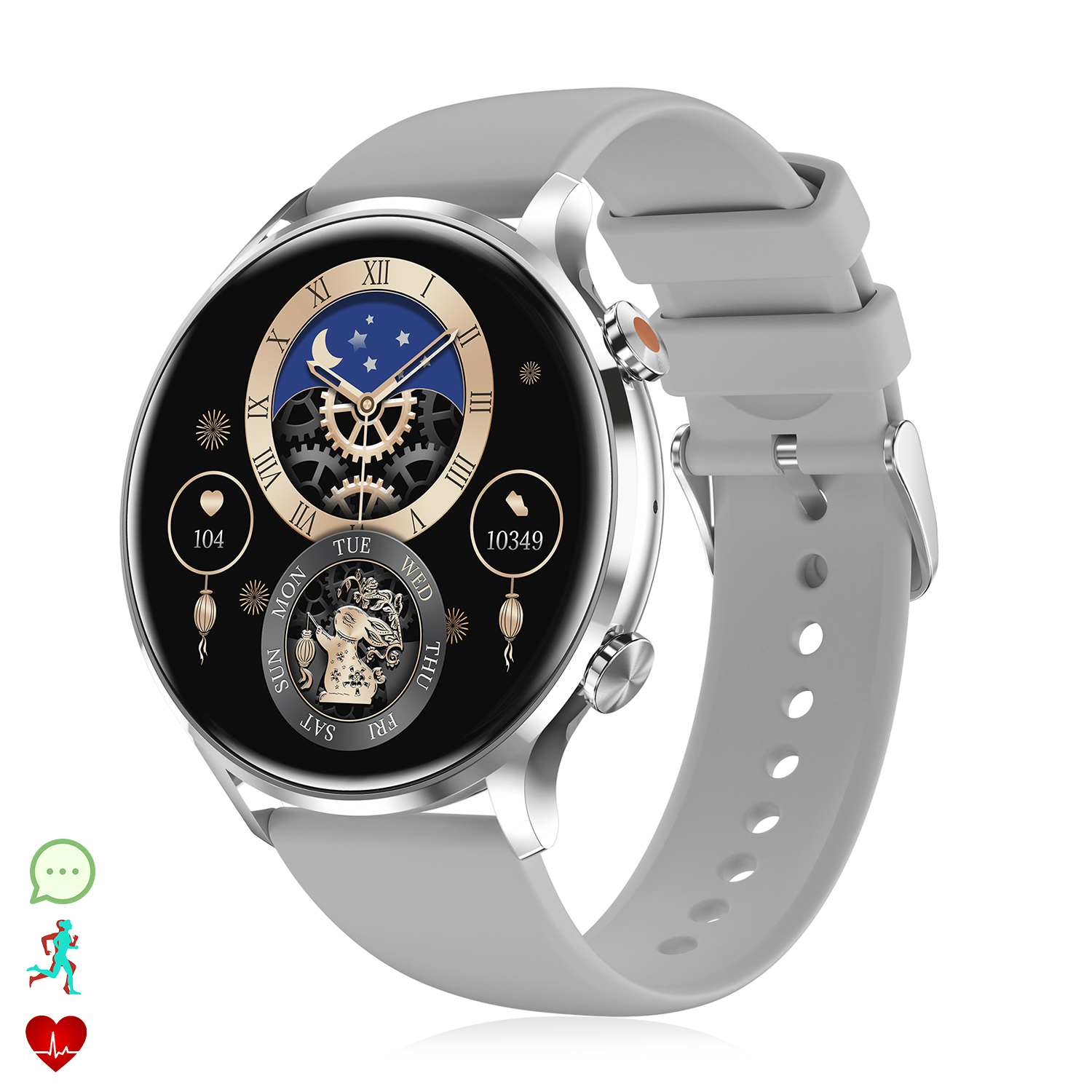 Smartwatch con cinturino grigio. Mostra un quadrante stellato, con dati fitness.