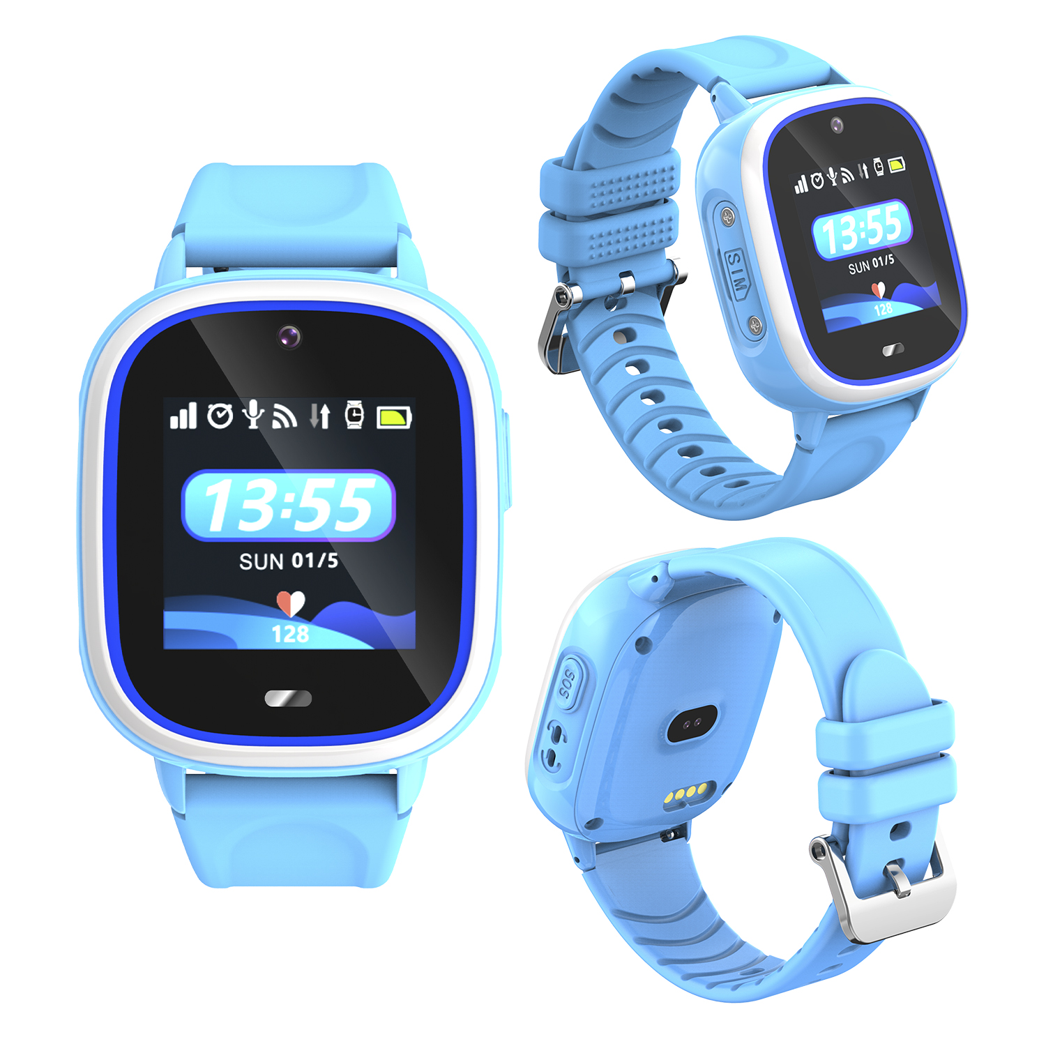Tre smartwatch blu che mostrano l'ora e la data, con diverse viste e angolazioni.