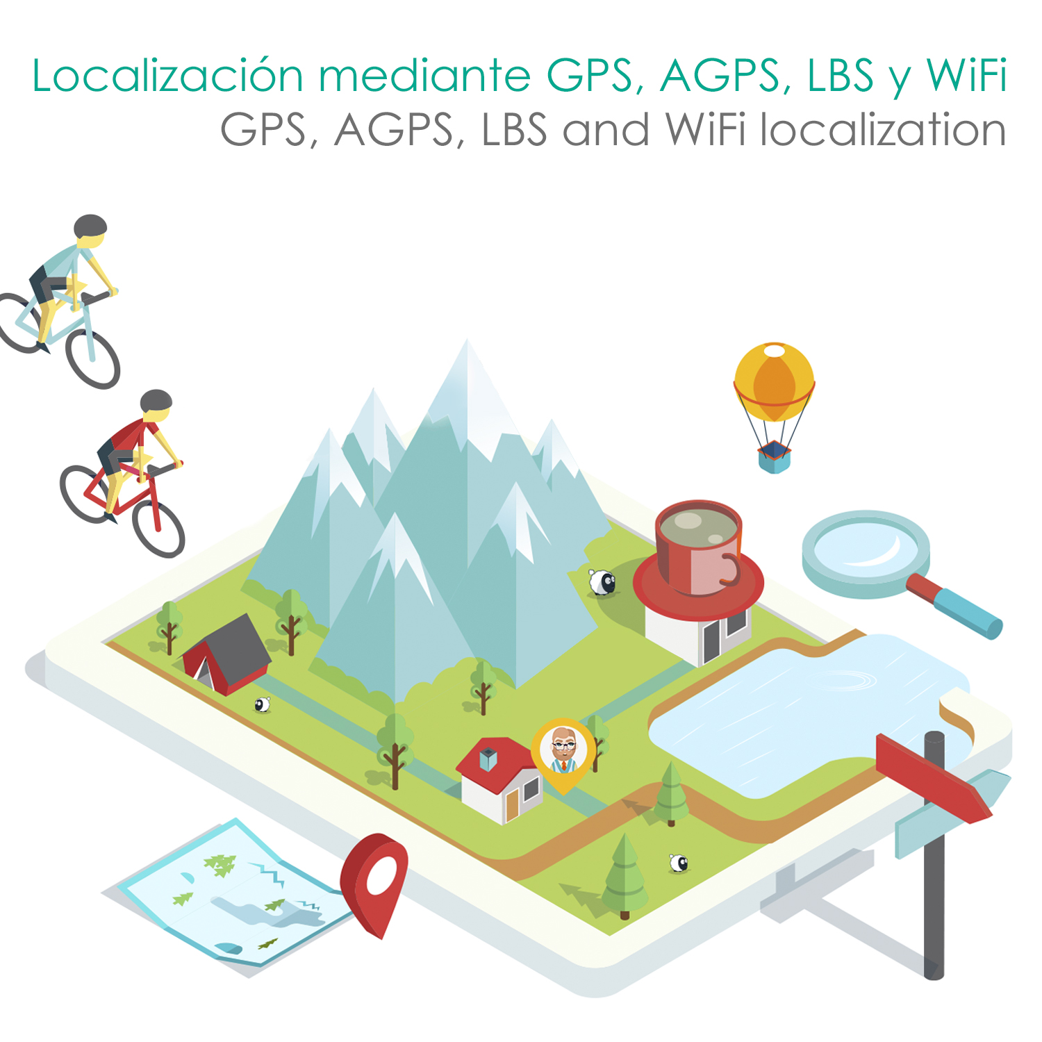 Mapa ilustrado con iconos de personas, edificios, naturaleza y símbolos GPS/WiFi.