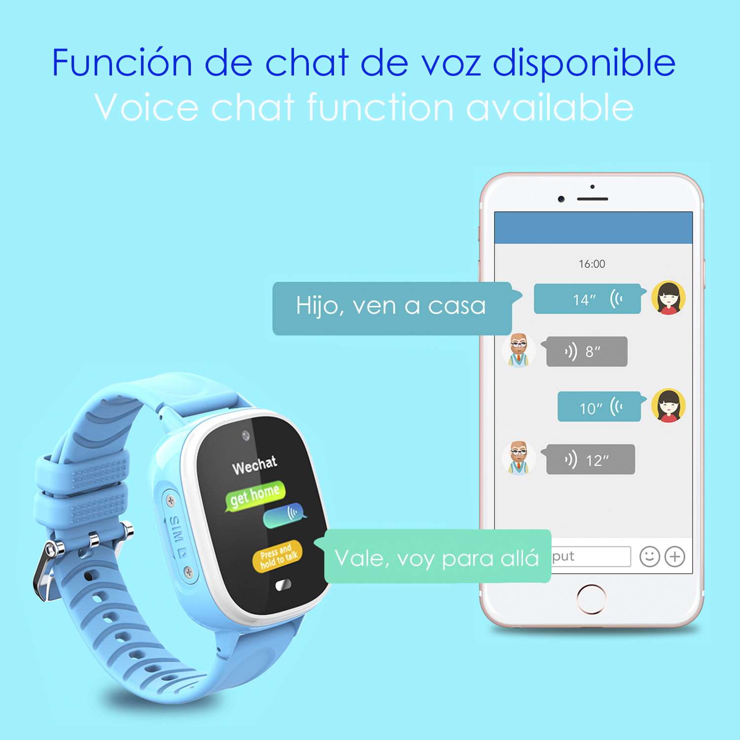 Smartwatch blu con telefono che mostra chat con fumetti di testo.
