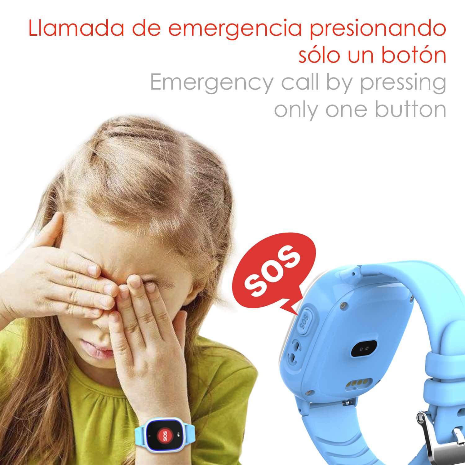Bambina preme SOS su smartwatch blu, funzione di chiamata di emergenza.