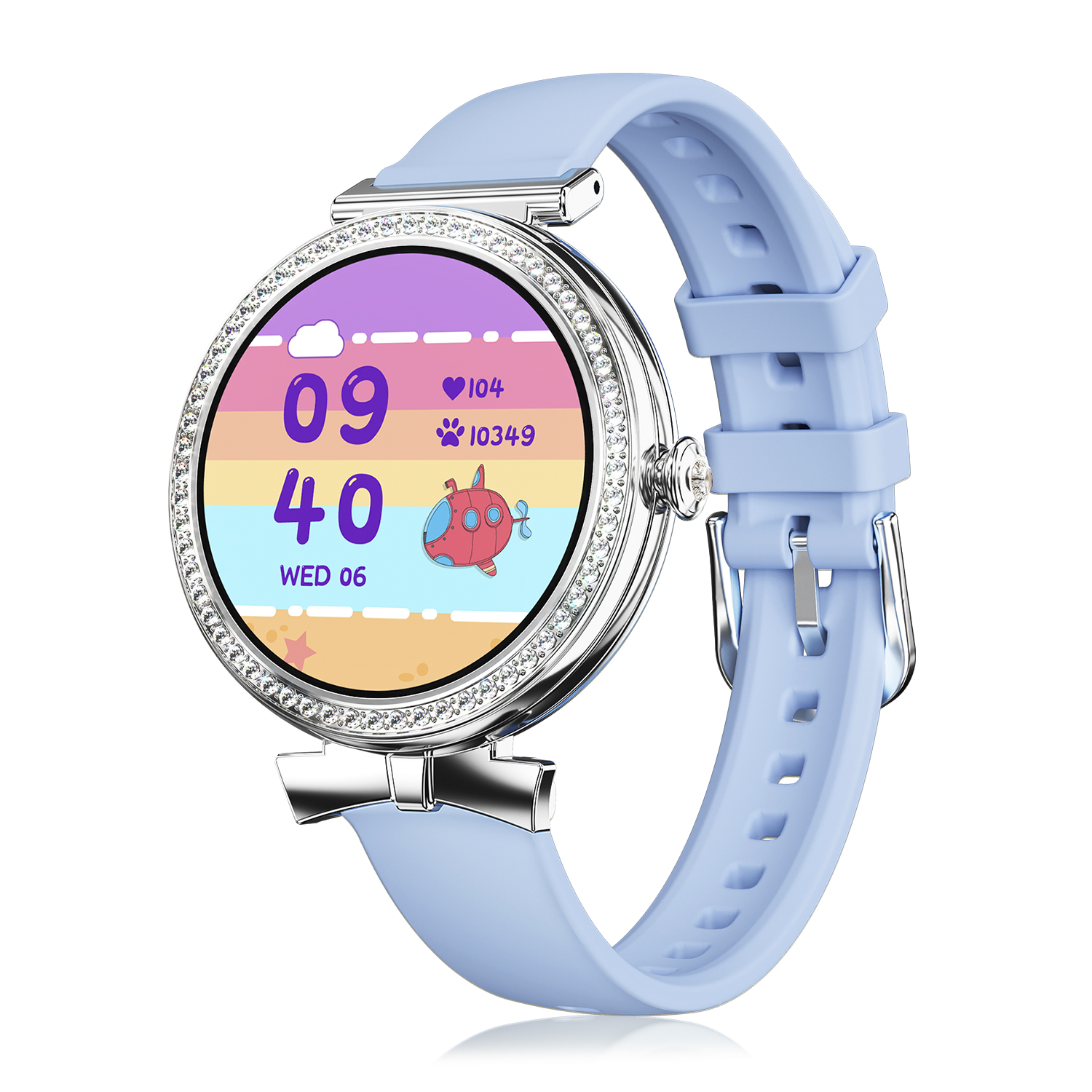 Smartwatch blu con fiocco sul cinturino, mostra una scena sottomarina colorata.
