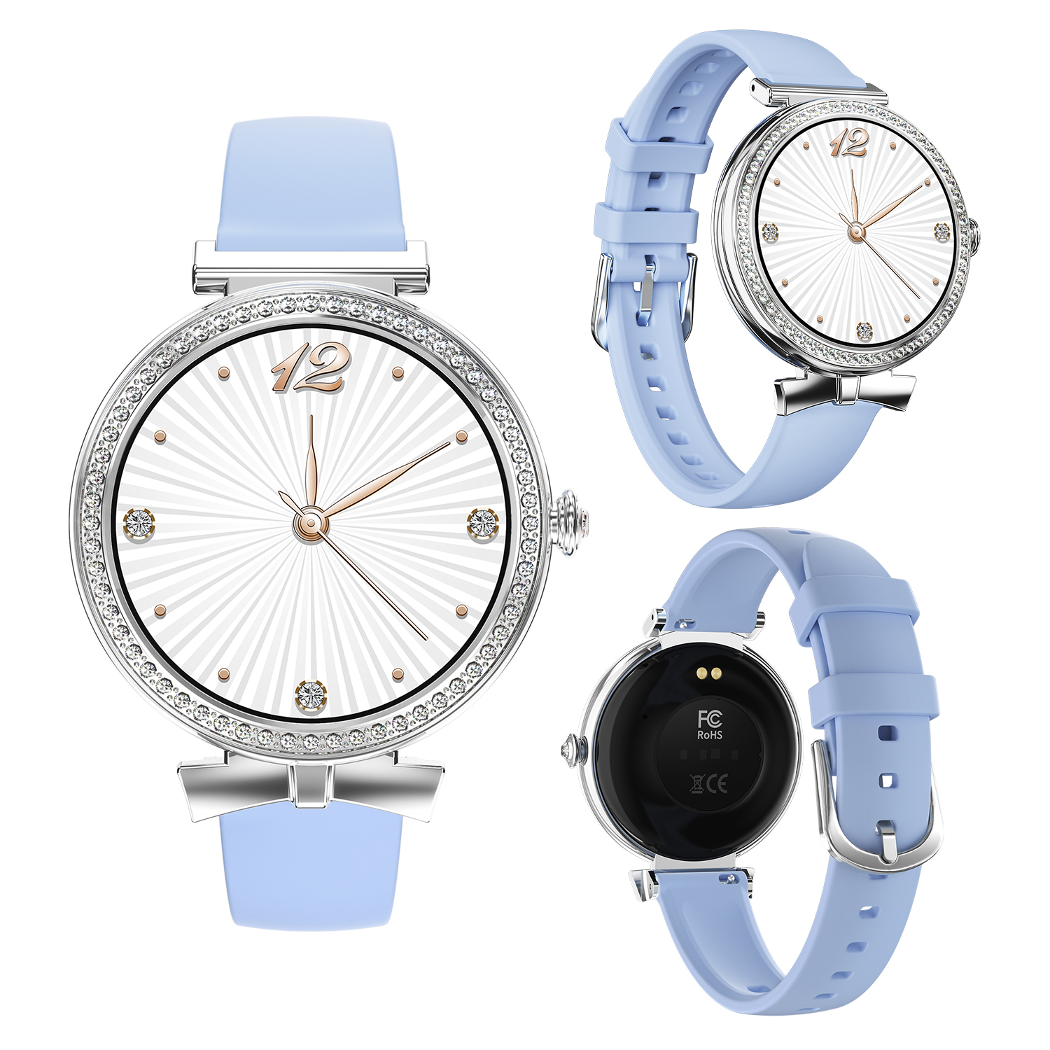 Tre orologi azzurri con dettagli argento, uno con quadrante bianco. Cristalli.