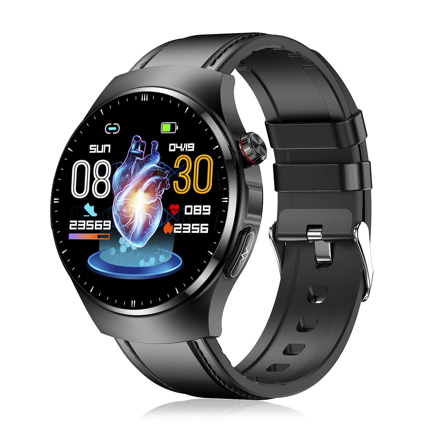 Smartwatch nera che mostra dati sanitari, con cinturino nero, su sfondo bianco.