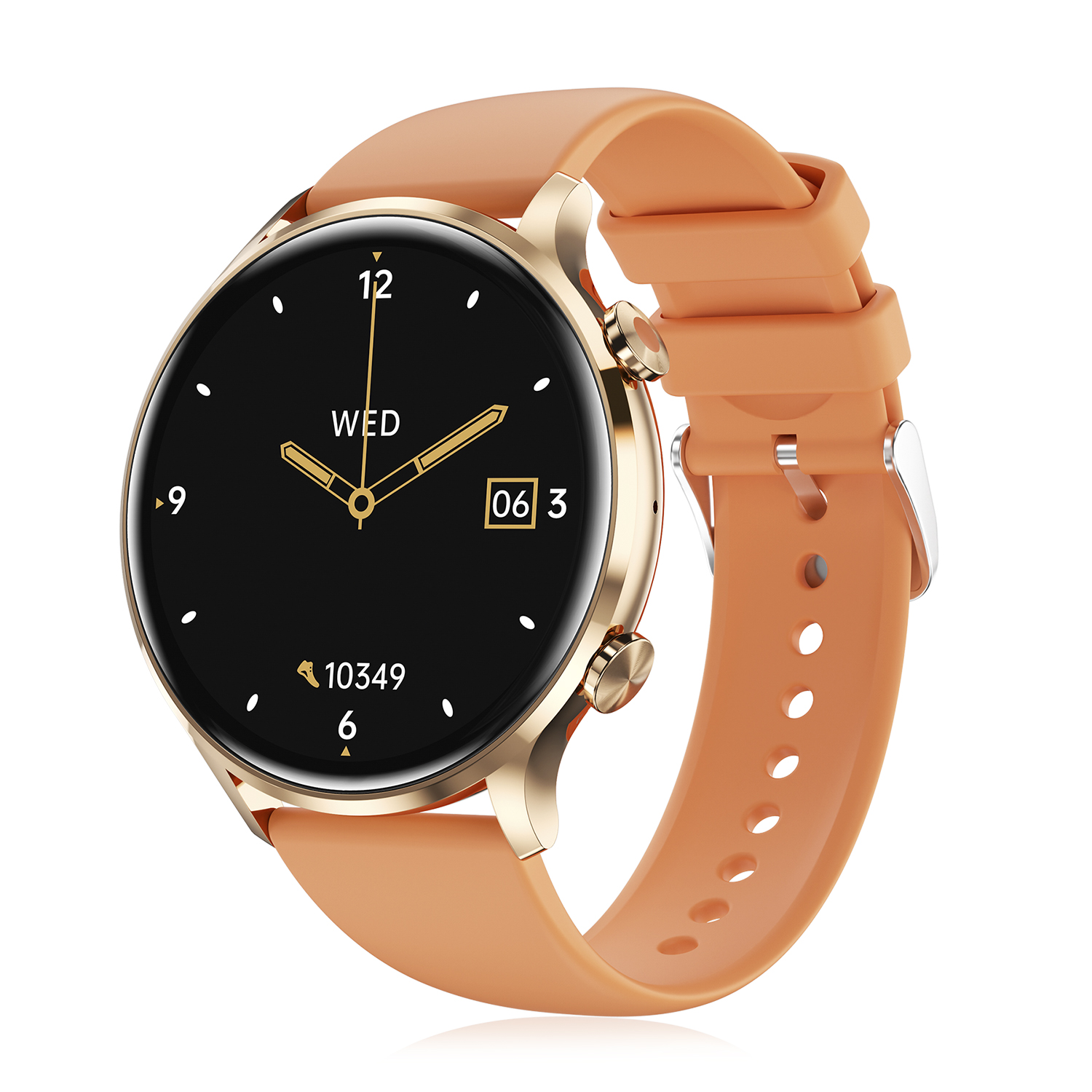 Smartwatch arancione con cassa dorata, display nero e cinturino arancione.