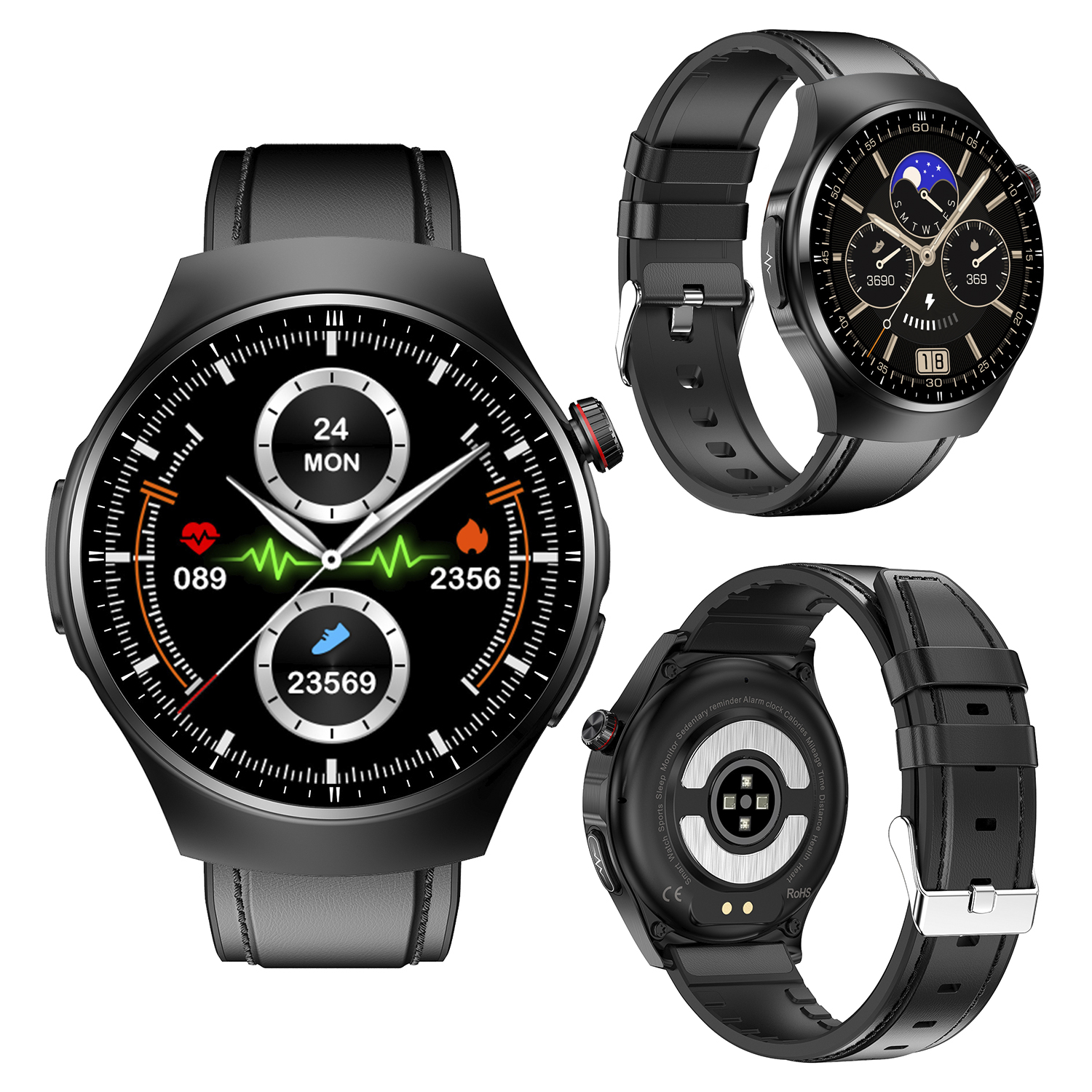 Tre smartwatch neri. Uno mostra la frequenza cardiaca e le statistiche, un altro una fase lunare e uno visto da dietro.