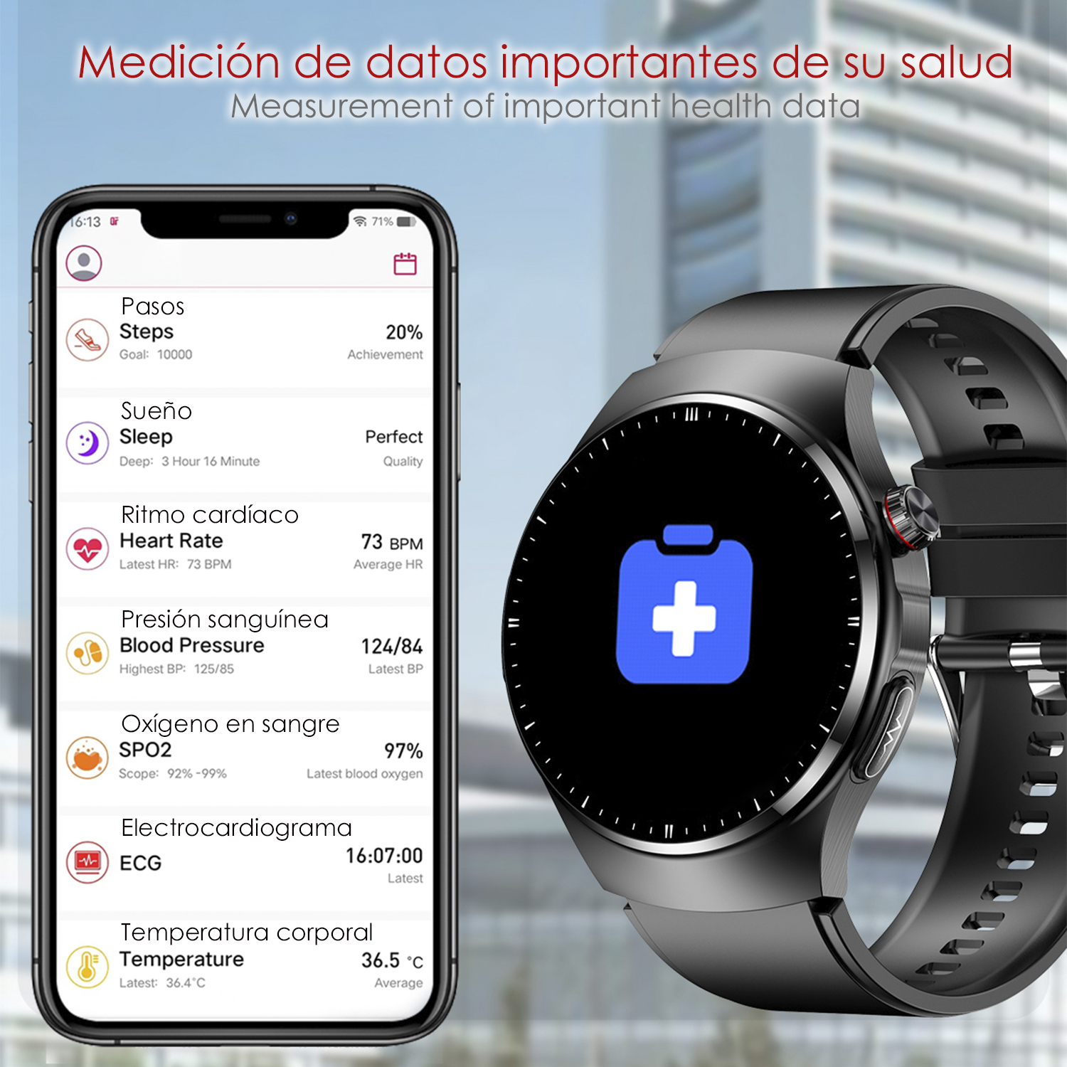 Smartwatch che mostra dati sanitari sullo schermo e app con metriche sanitarie.