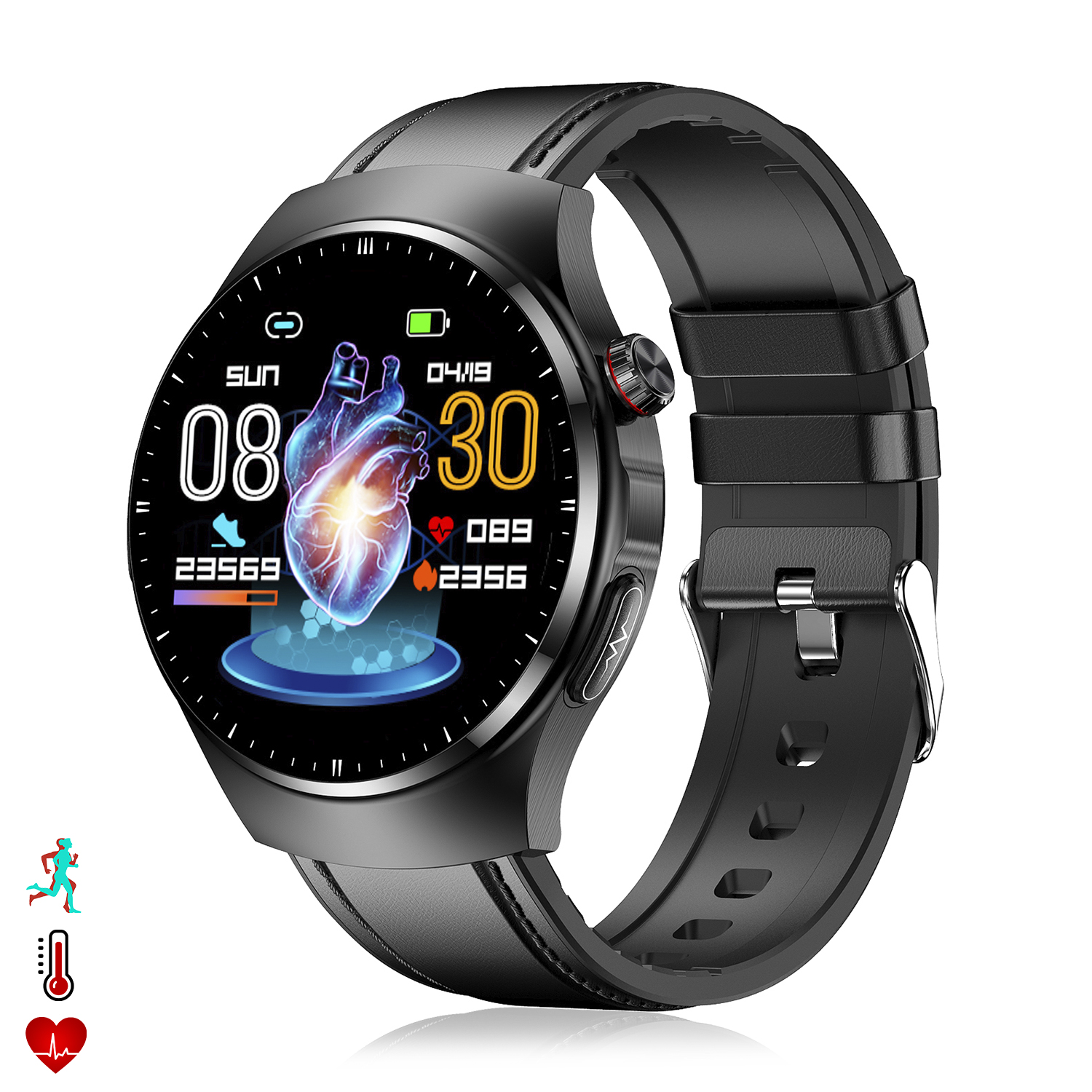 Smartwatch nero con grafica a cuore sullo schermo, che mostra dati sanitari e icone.