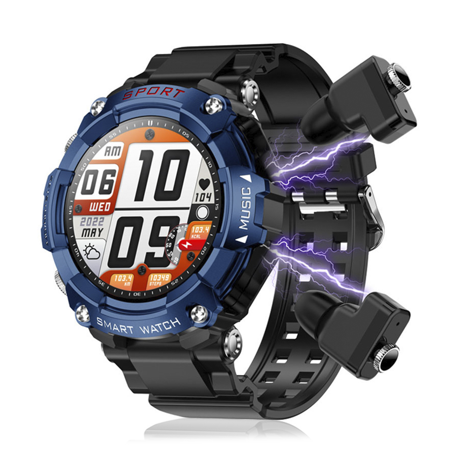 Smartwatch con lunetta blu, cinturino nero e auricolari wireless collegati.