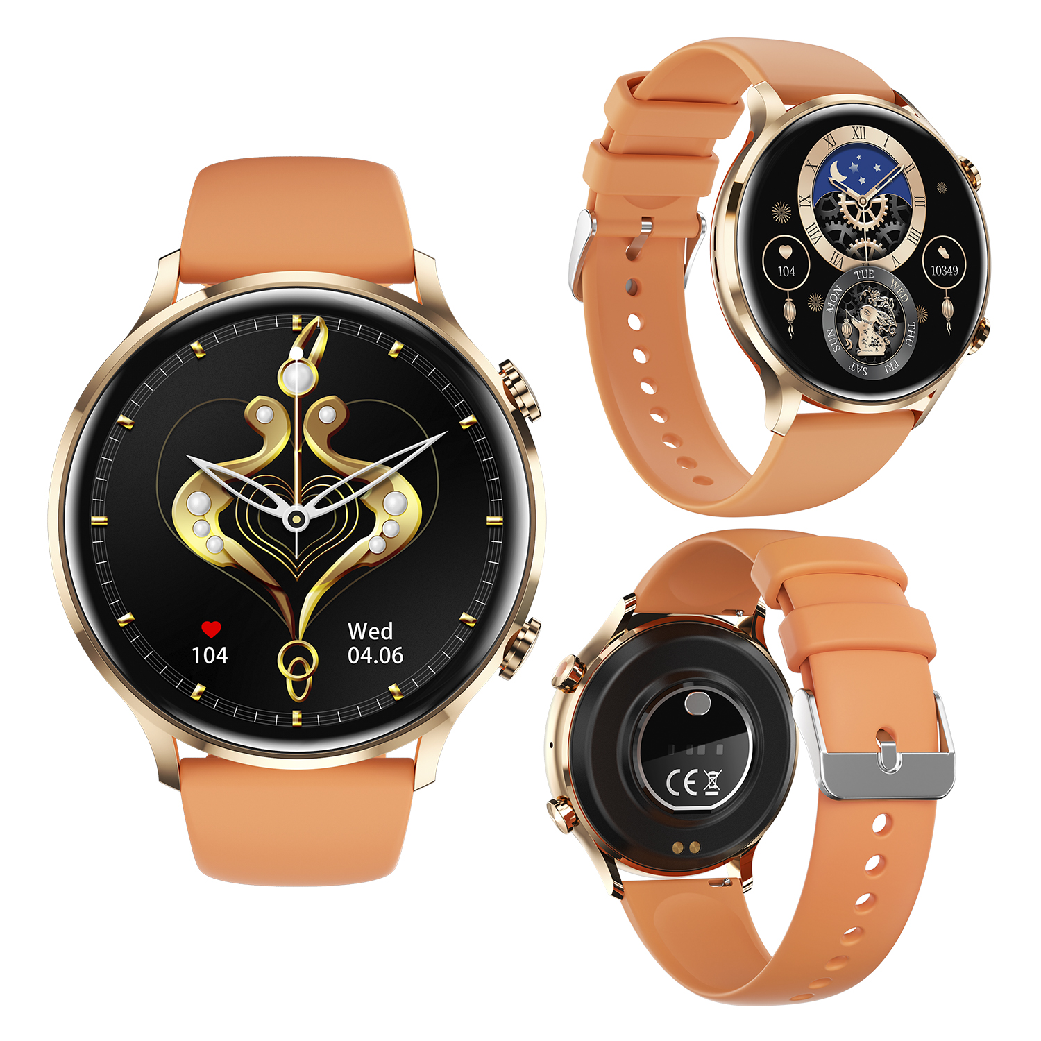 Tre smartwatch. Cinturini arancioni. Due mostrano quadranti. Uno mostra il retro con marchio CE.