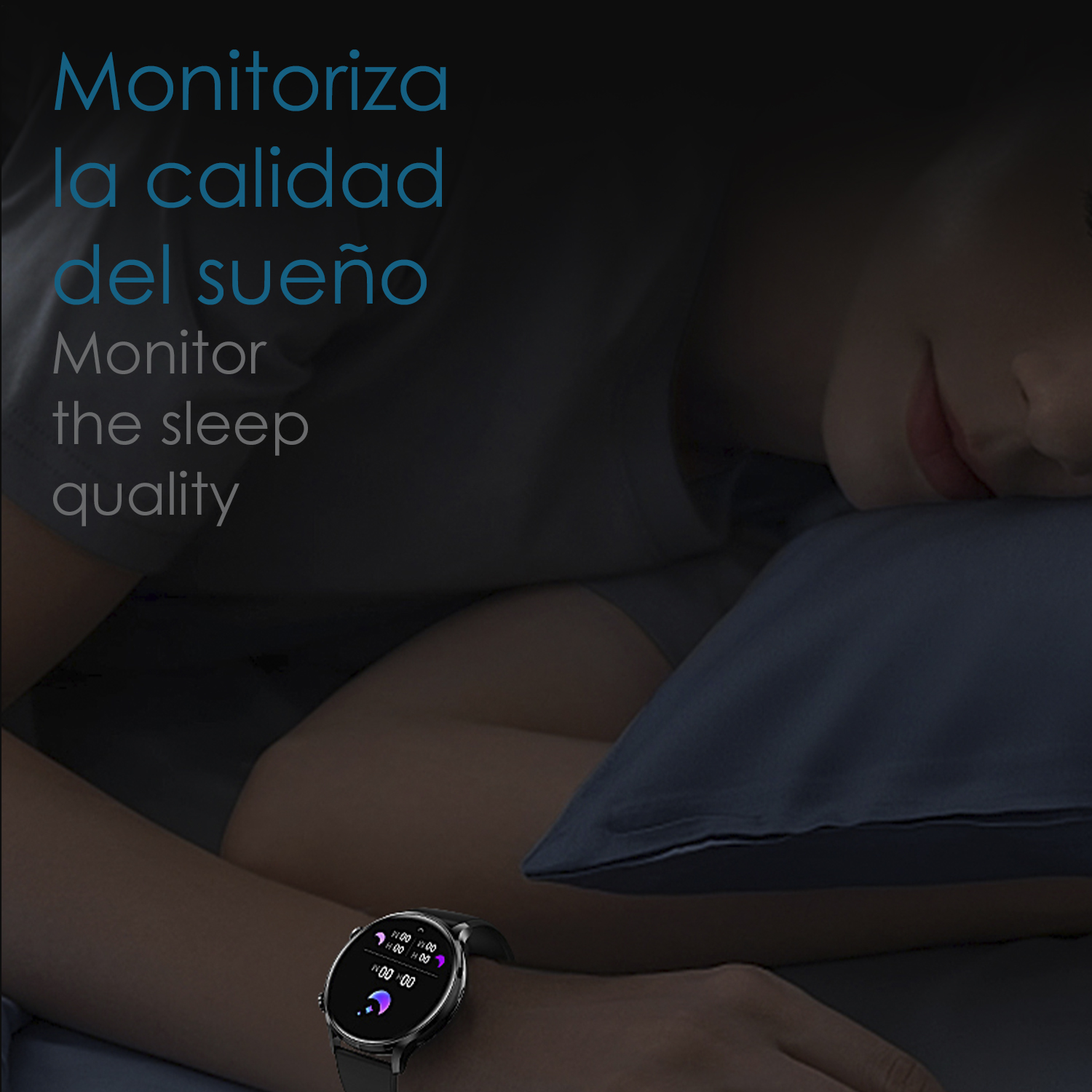 Smartwatch al polso, mostra dati qualità del sonno, con persona sullo sfondo.