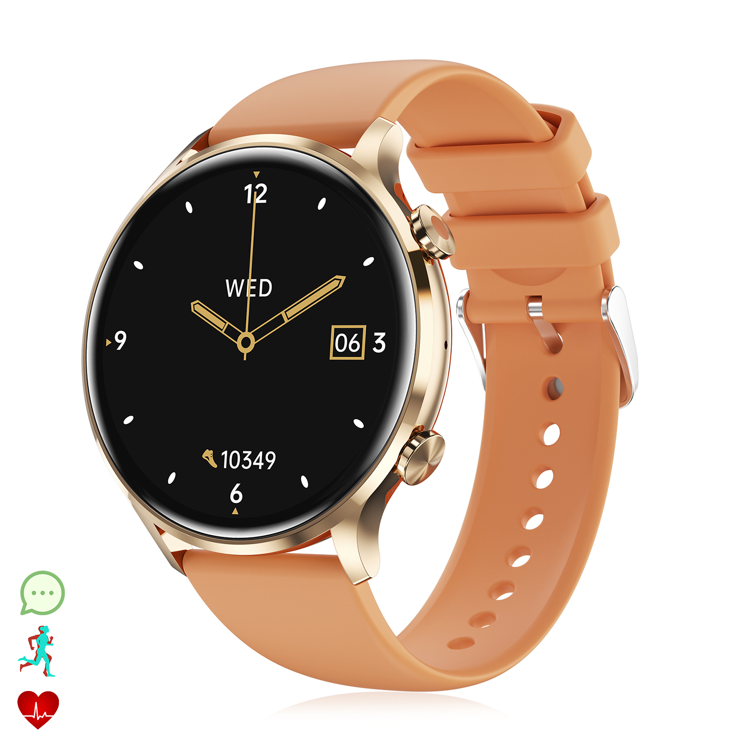 Smartwatch arancione con quadrante rotondo, che mostra l'ora, con icone di fitness e salute, su sfondo bianco.