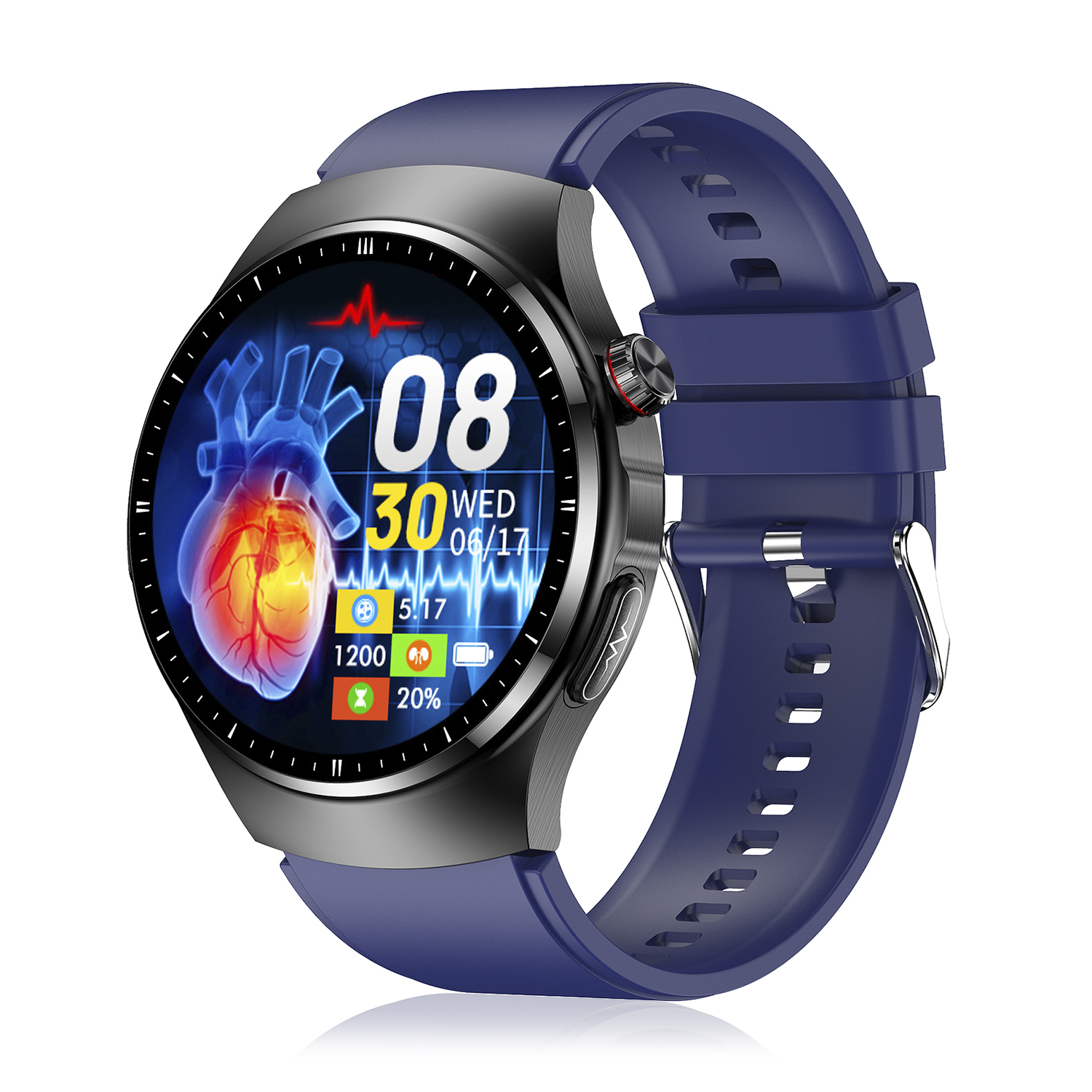 Smartwatch blu con schermo rotondo che mostra i dati sanitari. Cinturino blu con cassa in metallo nero.
