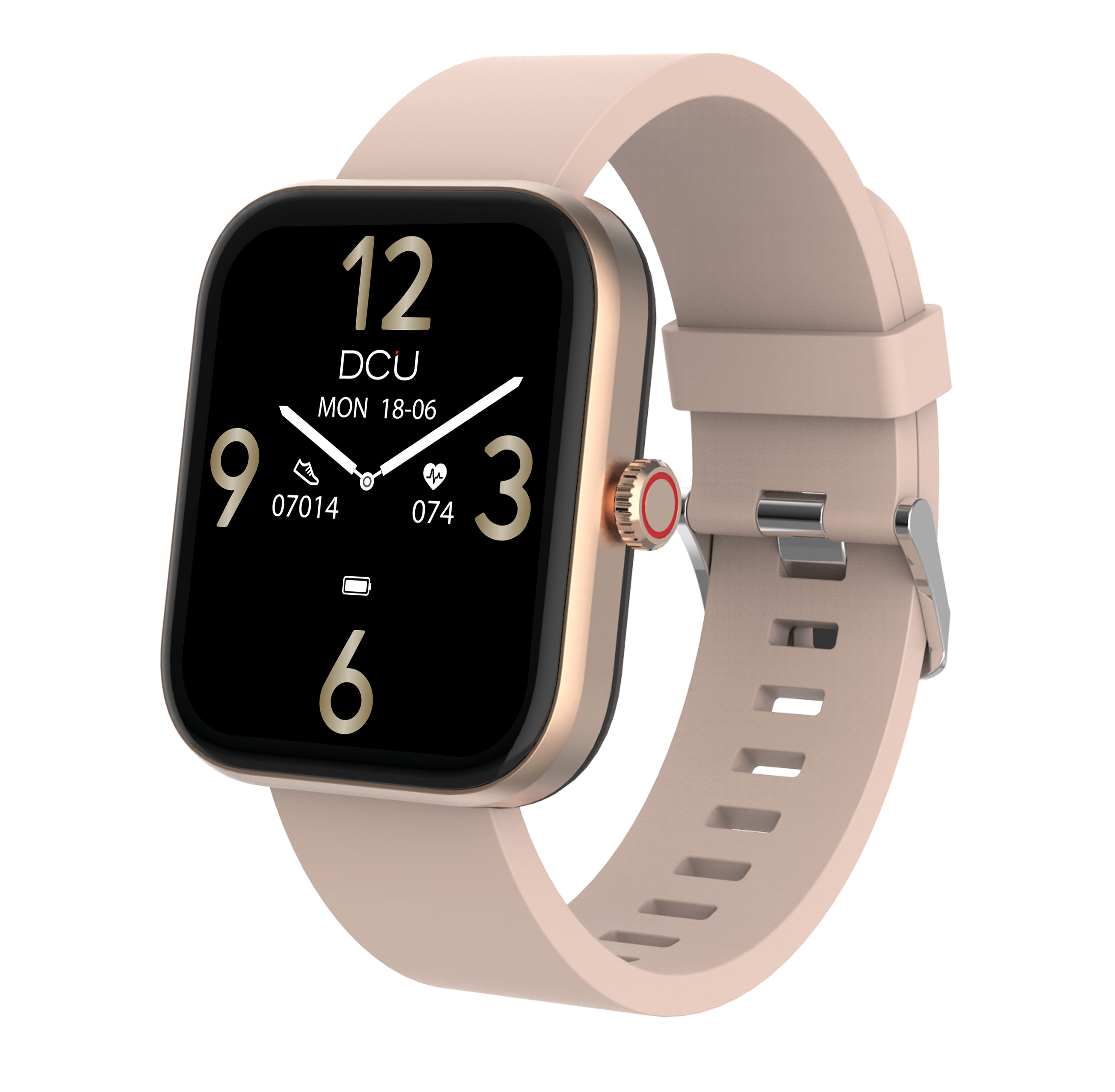 Smartwatch con pantalla negra mostrando números y correa rosa claro.