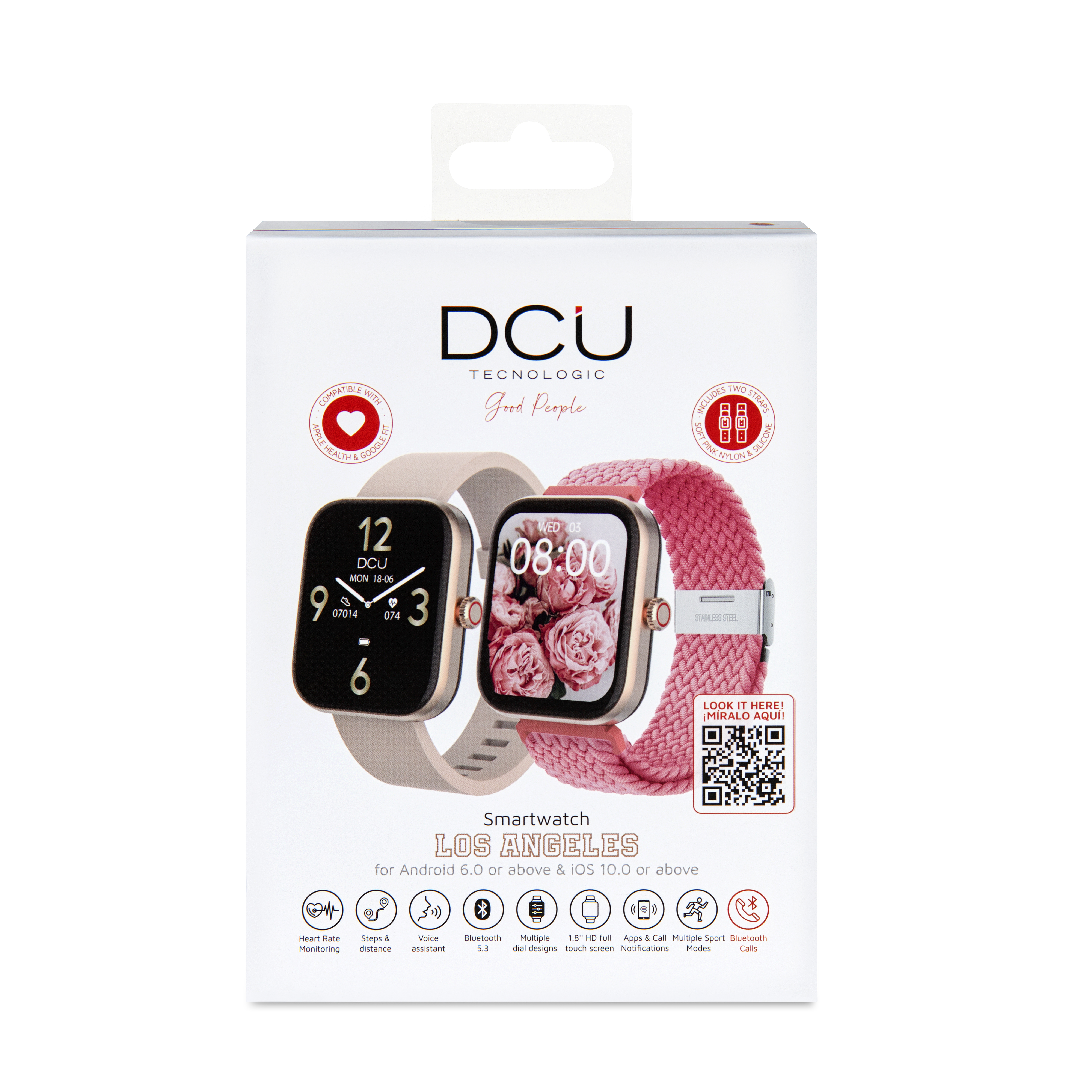 Caja de smartwatch con dos relojes. Un reloj tiene una correa rosa, el otro una correa beige. Se muestran iconos de funciones.