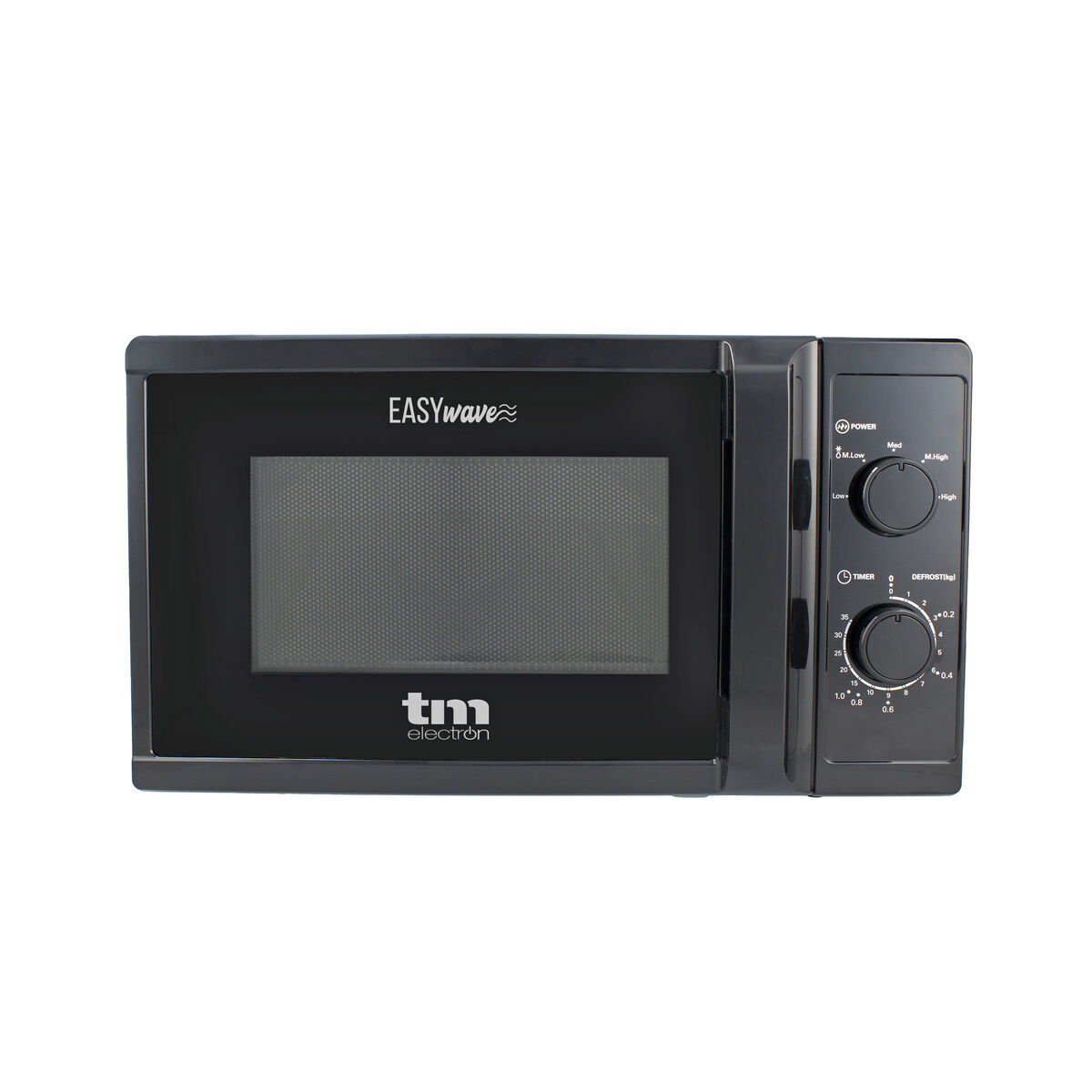 Horno microondas negro con panel de control a la derecha. Logotipo EasyWave en la parte delantera.