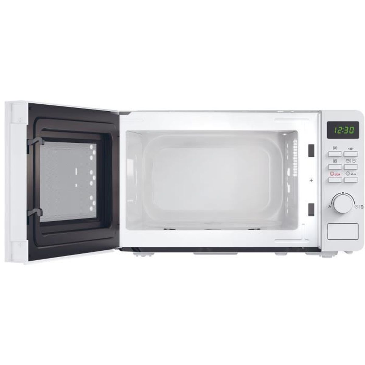 Horno microondas blanco con la puerta abierta. Muestra el interior.