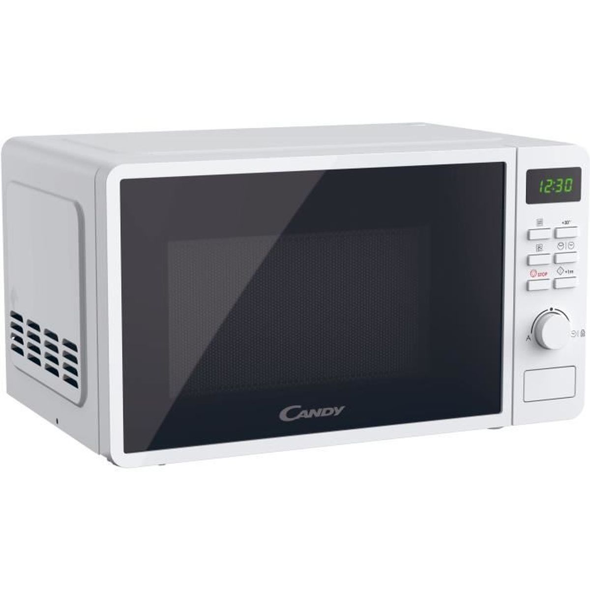 Horno microondas blanco con puerta negra. Pantalla digital muestra la hora. Logo Candy visible.