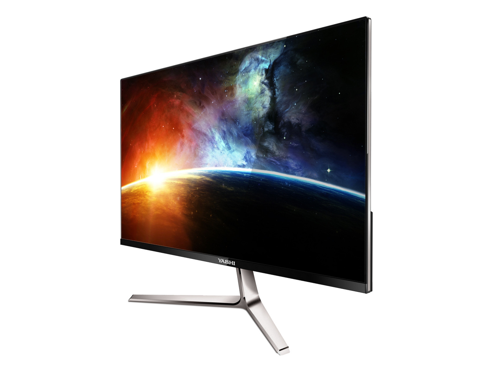 Duży monitor komputerowy z kosmiczną sceną na ekranie i srebrną podstawą.