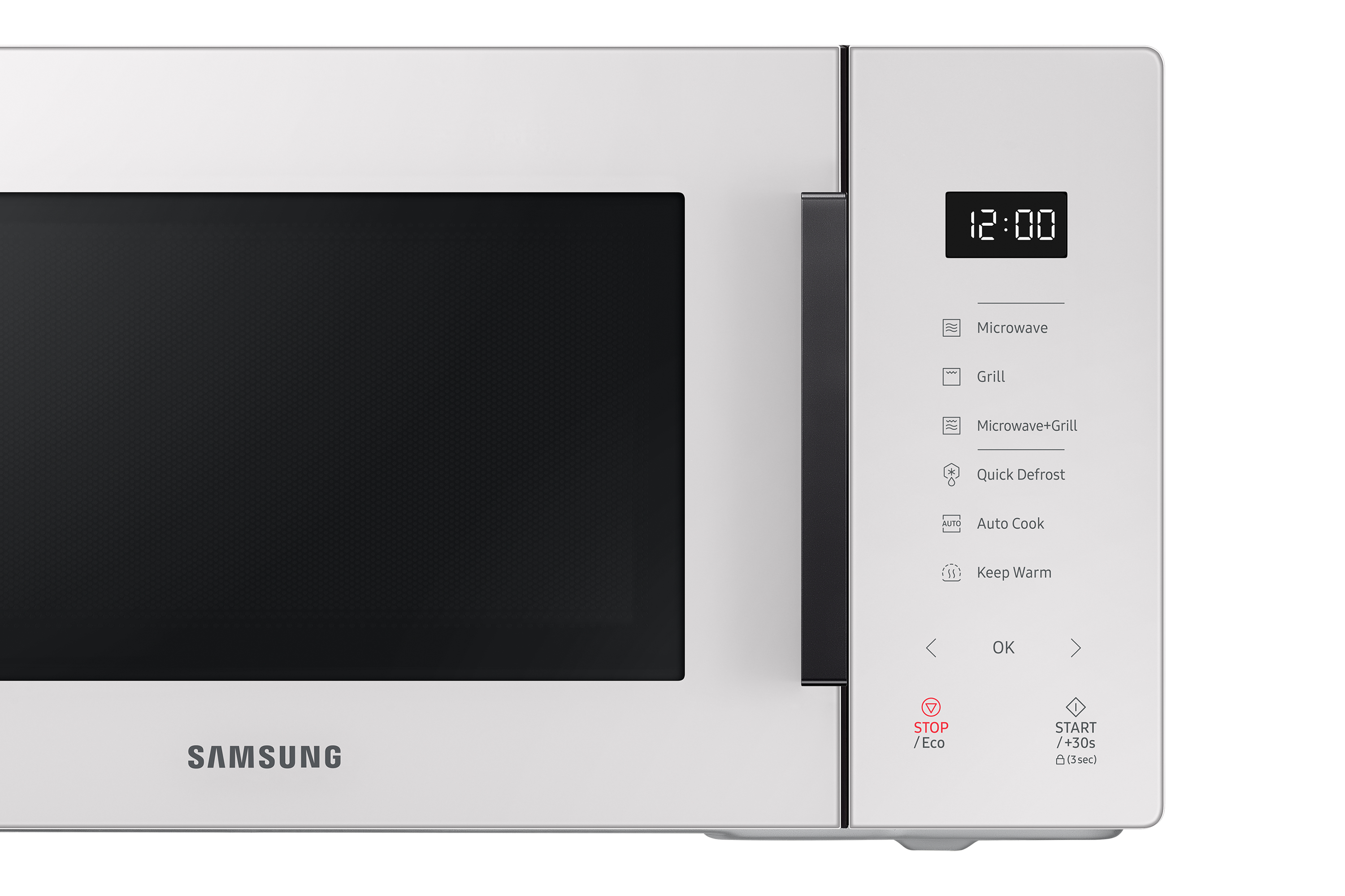 Microonde Samsung bianco con pannello di controllo e display digitale che mostra 12:00.